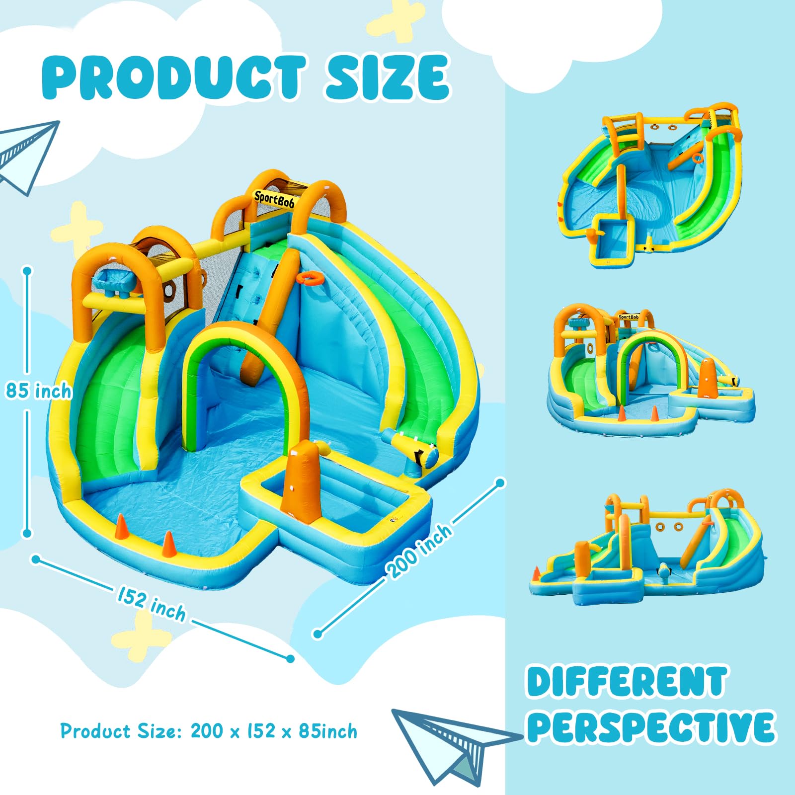 Hüpfburg mit Gebläse und Wasserrutsche, Hüpfburg Kinder für Indoor & Outdoor, Groß Wasser hüpfburgen wasserpark Kinder Outdoor mit Doppelrutsche, Regenbogentor, Wasserkanonen