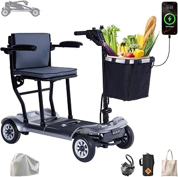 PAISEEC D3 Ultra Lightweight Mobility Scooter for Seniors, 39.7 lbs Folding Mobility Scooter with 2 Lithium Batteries, All Terrain Travel Sccoter 18.6 Miles Airline Approved Mobility Scooters SILVER