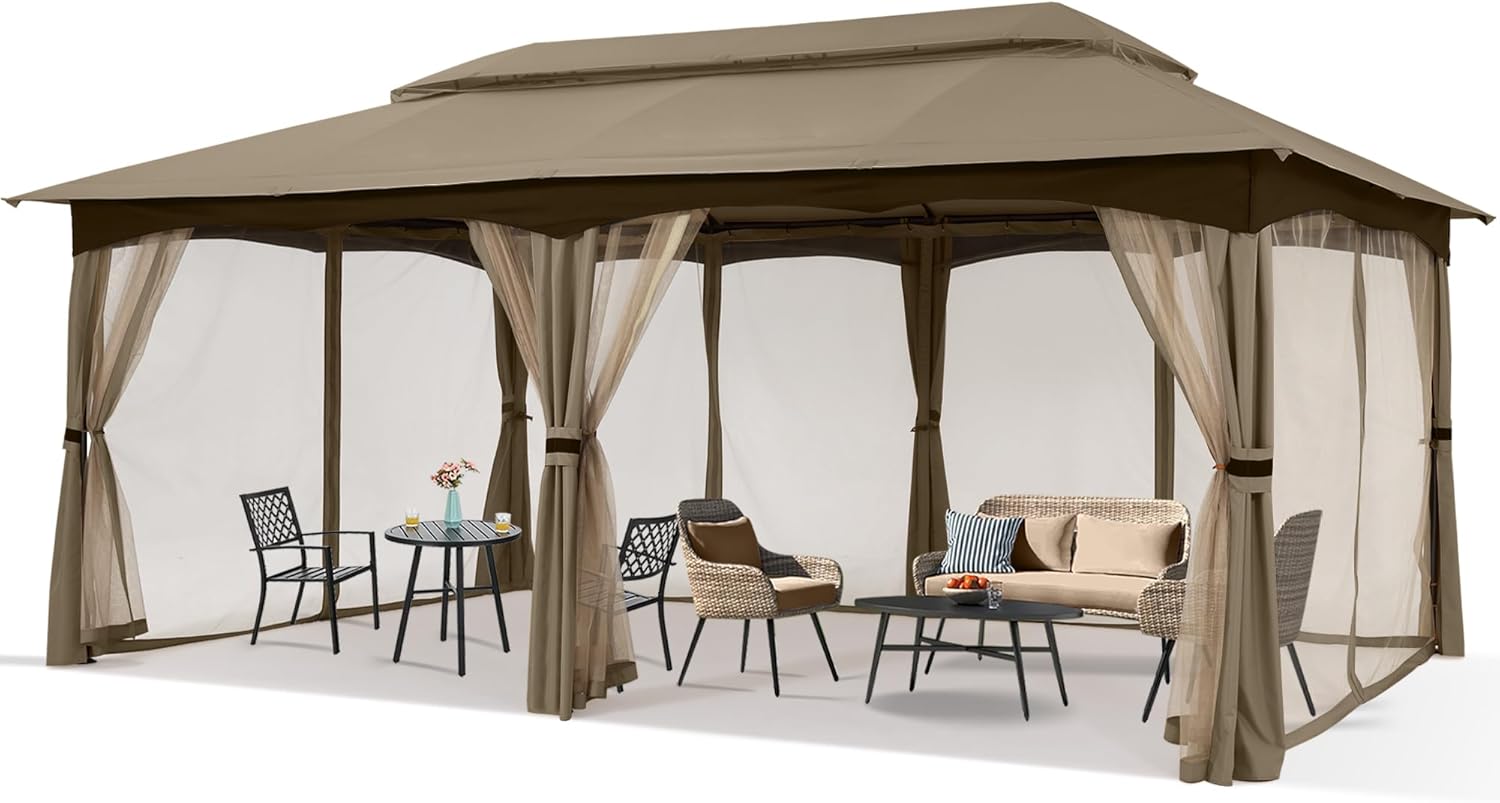 MASTERCANOPY Outdoor Patio Gazebo for Garden with Upgrade Steel Frame and Netting Walls (10x20,Khaki)