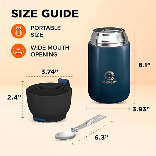 Miniatura 2 de ENERGIFY - Termo en forma de tarro de acero inoxidable con aislamiento al vacío, recipiente grande de 24 onzas con cuchara plegable incluida, taza.