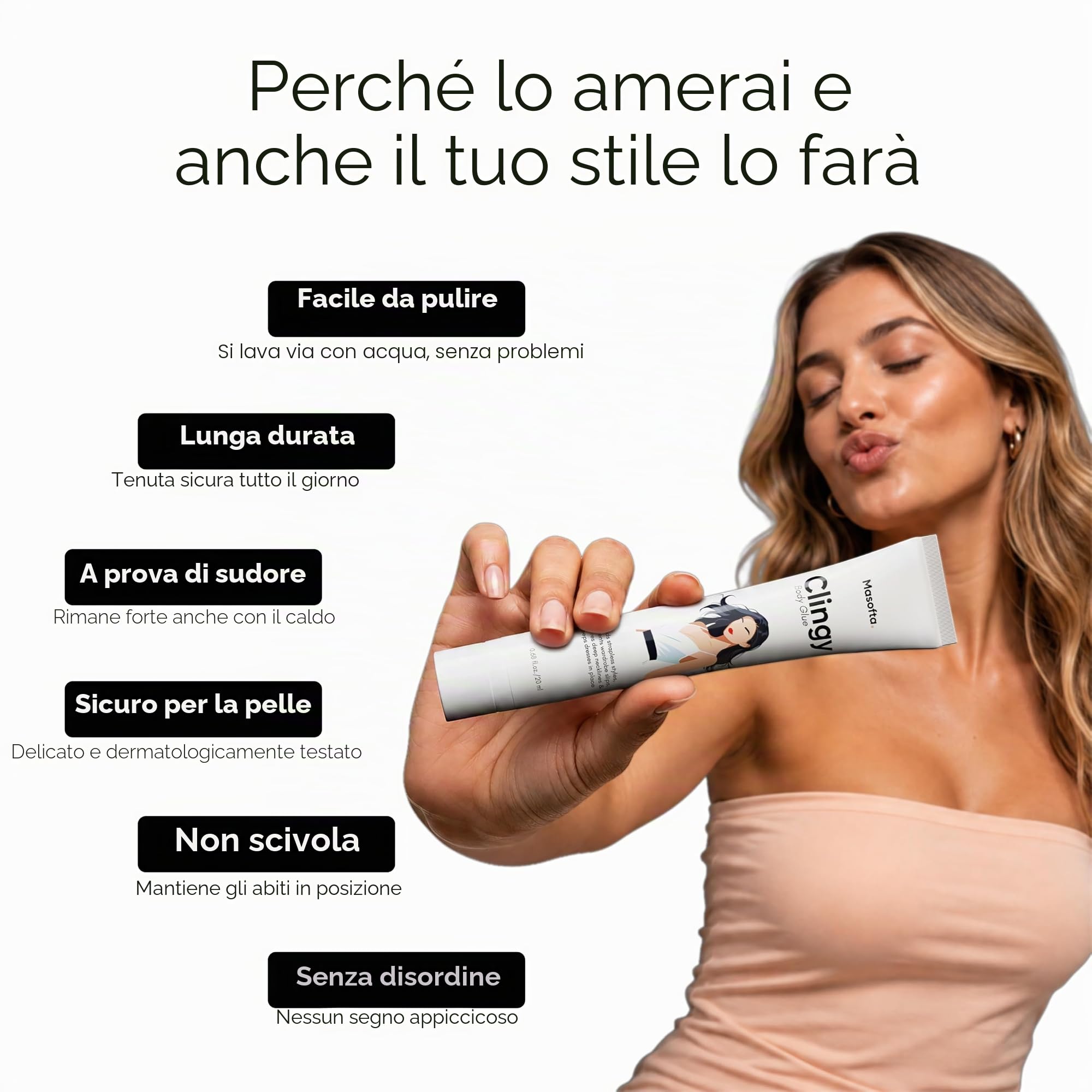 Masotta Clingy - Colla per il corpo, resistente al sudore e sicuro per la pelle, ideale per la moda e lo styling, fissante per abiti e capi senza spalline, roll-on da 20 ml
