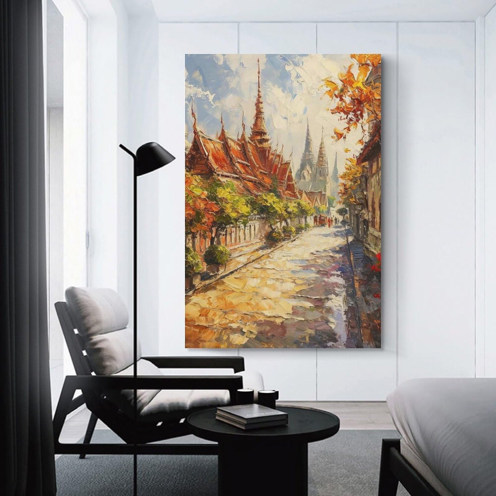 Junmoney Impressionistic Asian Temple Street Scene Painting Canvas Art Print, 24x36inch(60x90cm), for Living Room, Bedroom, Office Or Hallway, Decorative Artwork with Broad Appeal