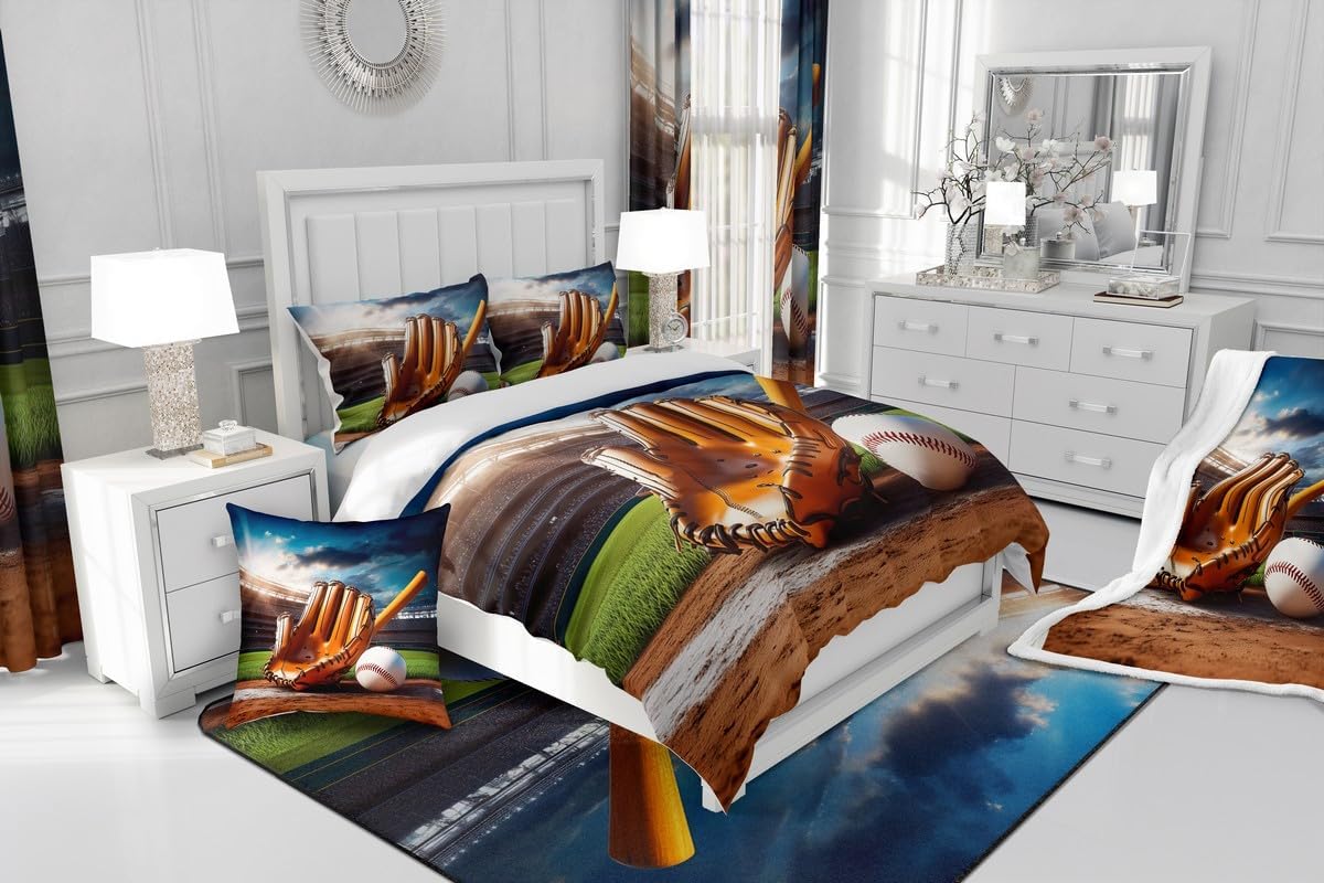 Manfei Baseball Bed Sheet Set Twin Size Baseball Bat and Gloves Decor Sheet Set 3pcs with Deep Pocket Fitted Sheet + Flat Sheet + 1 Pillowcase Sports Theme Bedding Set