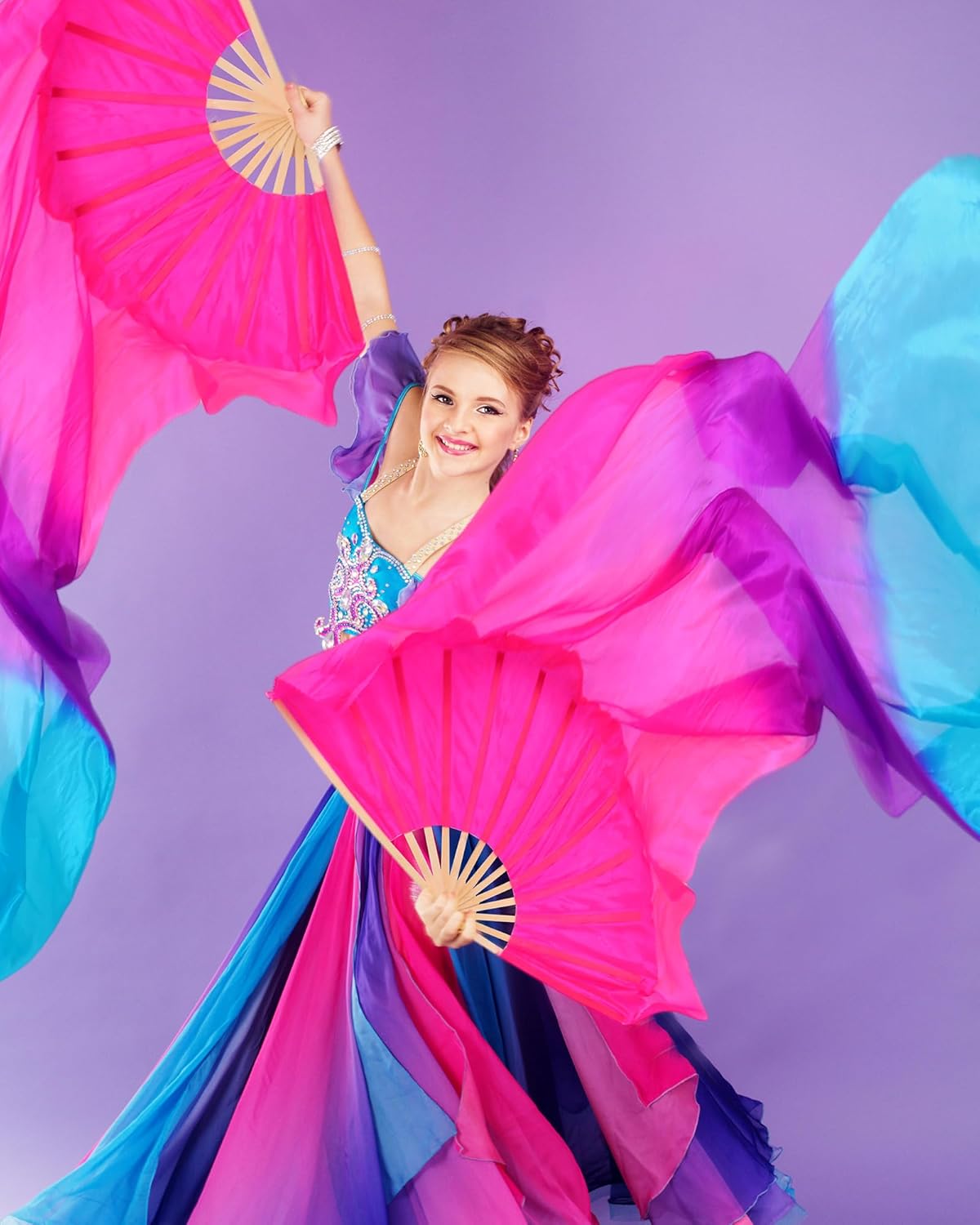 Thyle 4 Pairs 1.8 M Silk Fans Women Veils Belly Dance Fan, National Long Bamboo Fan Colors Artificial Silk Fans for Dancer Right Left Hand, 4 Styles