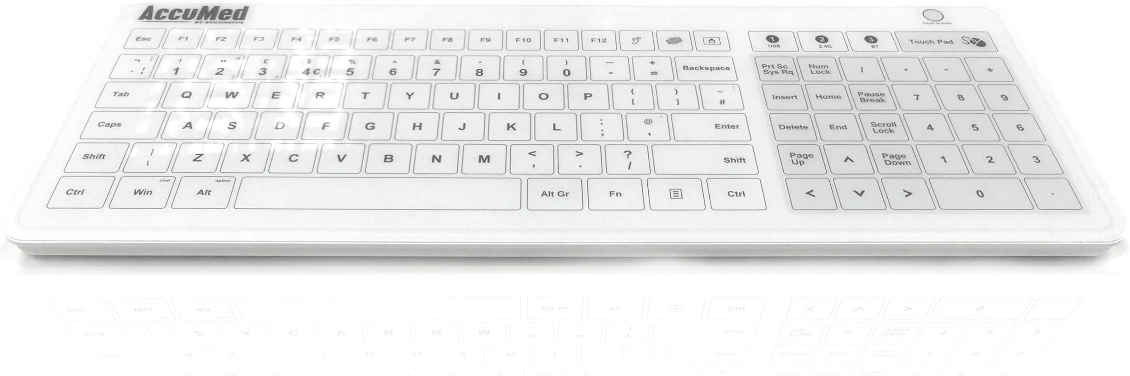 AccuMed Glass - USB/RF/Bluetooth Easy Clean Tempered Glass Medical Keyboard