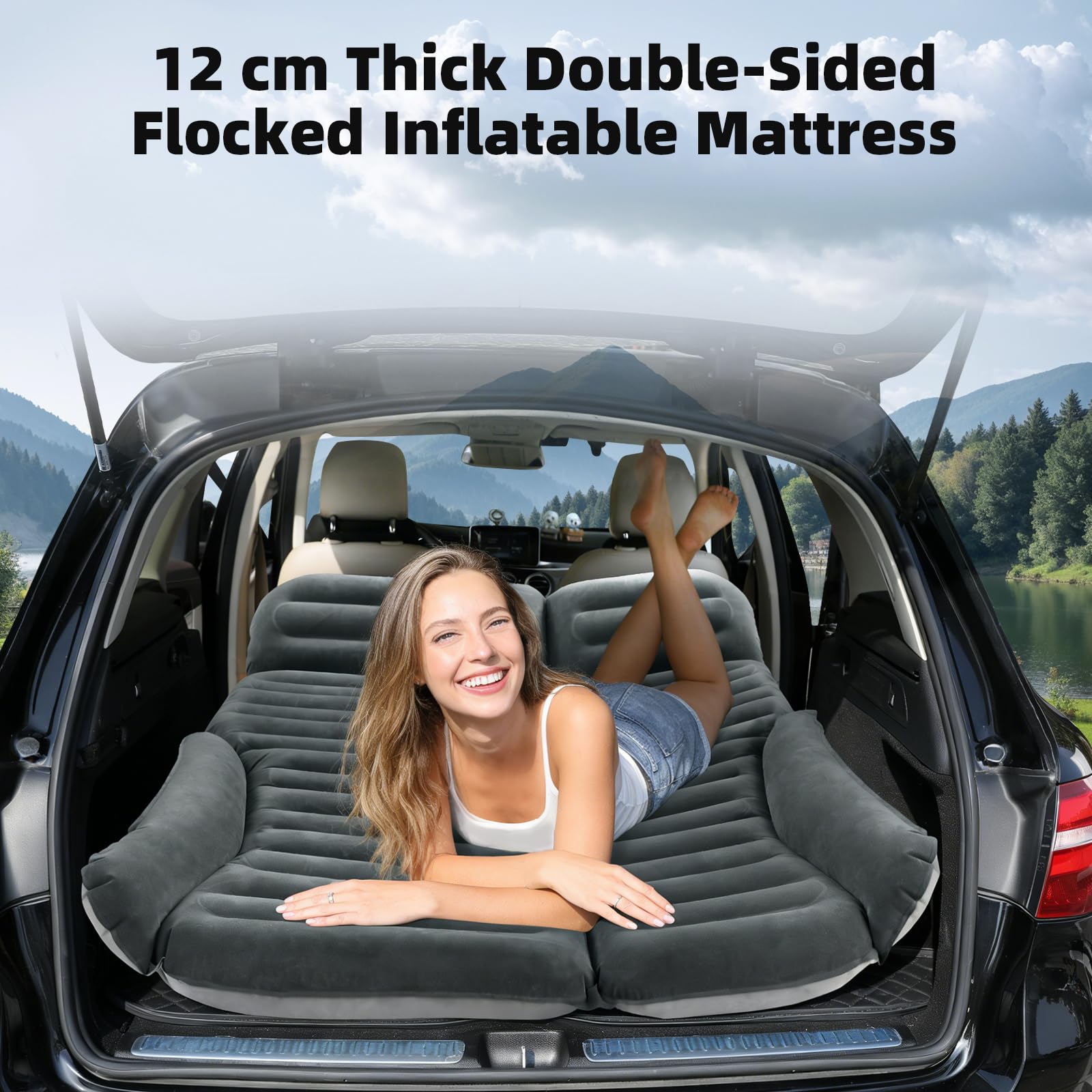 KMZ SUV Luftmatratze Doppelseitige Dickere Beflockung Auto-Bett – Bewegliche Aufblasbare Matratze für Camping & Reisen mit 2 Kissen & Elektrische Luftpumpe (Grün und Anthrazit)