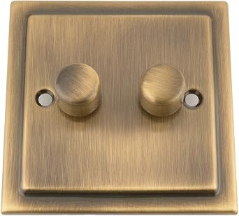 Light Dimmer Switch 2 Gang 2 Way 10 Amp - Push On/Off 400W - Victorian - Antique Brass