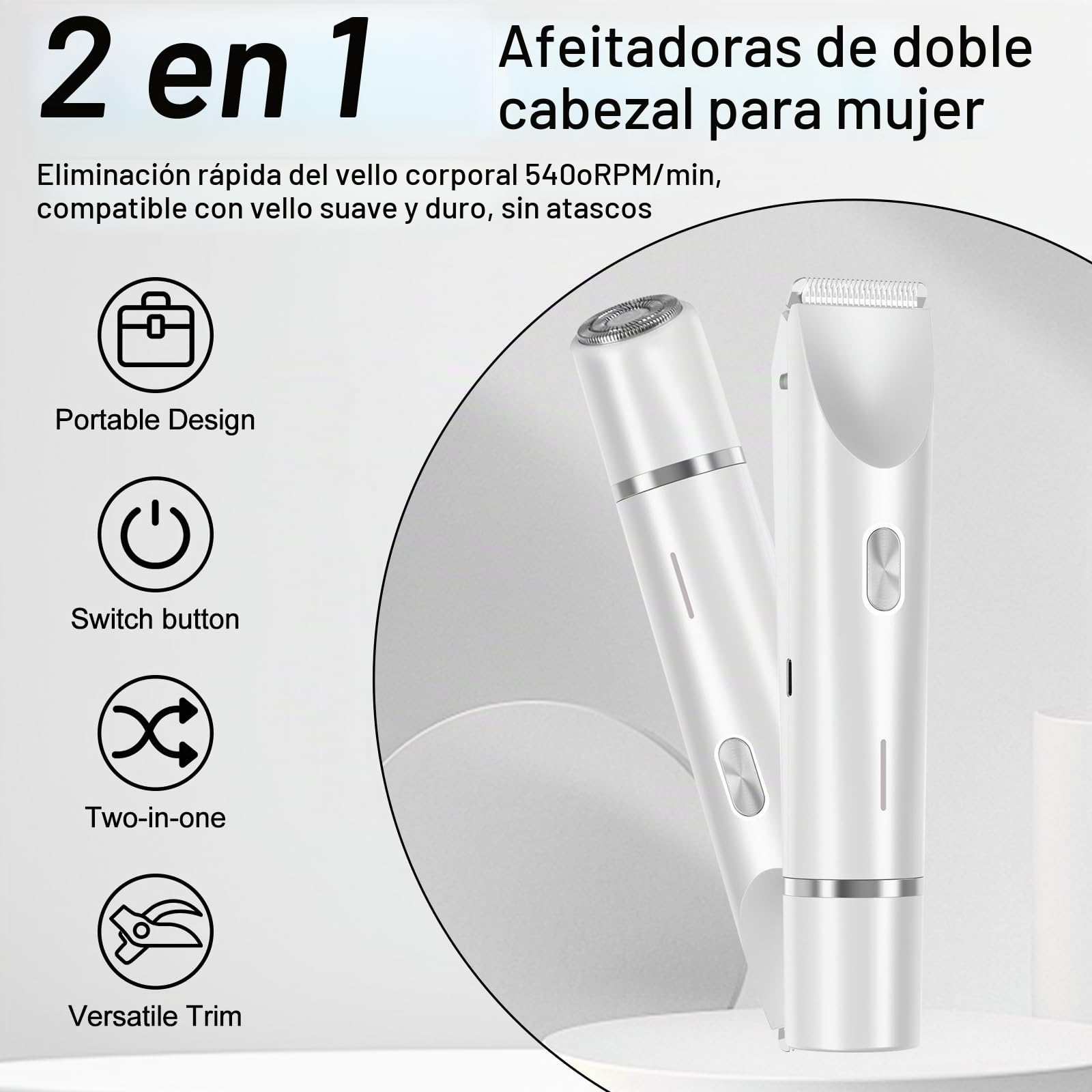 Afeitadora Mujer, 2 en 1 Rasuradora, Impermeable IPX7 Recortadora Mujer zona Intima, Impermeable, Recargable, para Cuerpo, Cara, Uso Húmedo y Seco