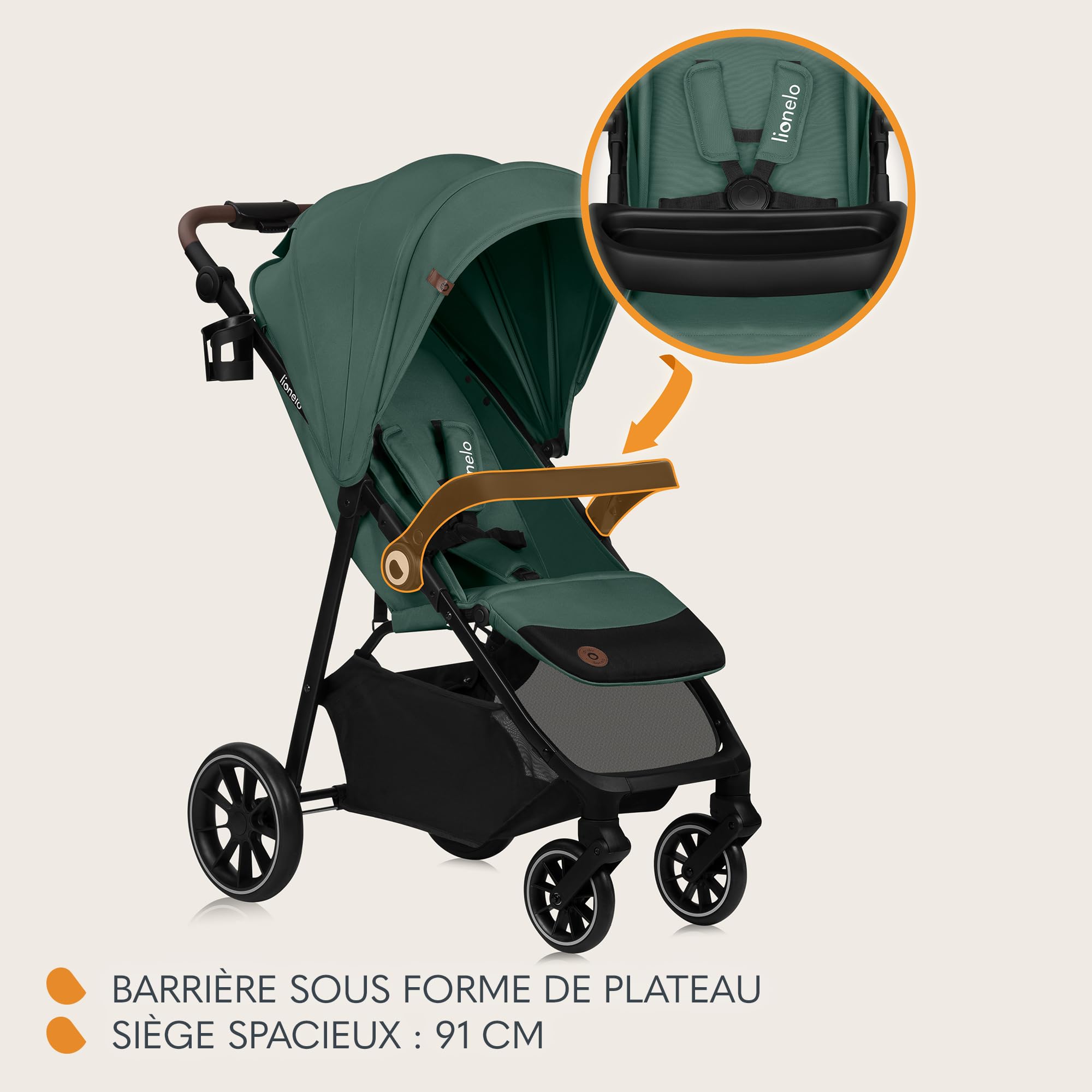 LIONELO EMMA ONE Poussette Canne jusqu'à 22 kg de 6 mois à 4 ans Roues Pivotantes 360° Absorption Totale des Chocs Pliage à Une Main Dossier et Repose-Pieds Auvent Ajustable XXL UPF50+ (Green)