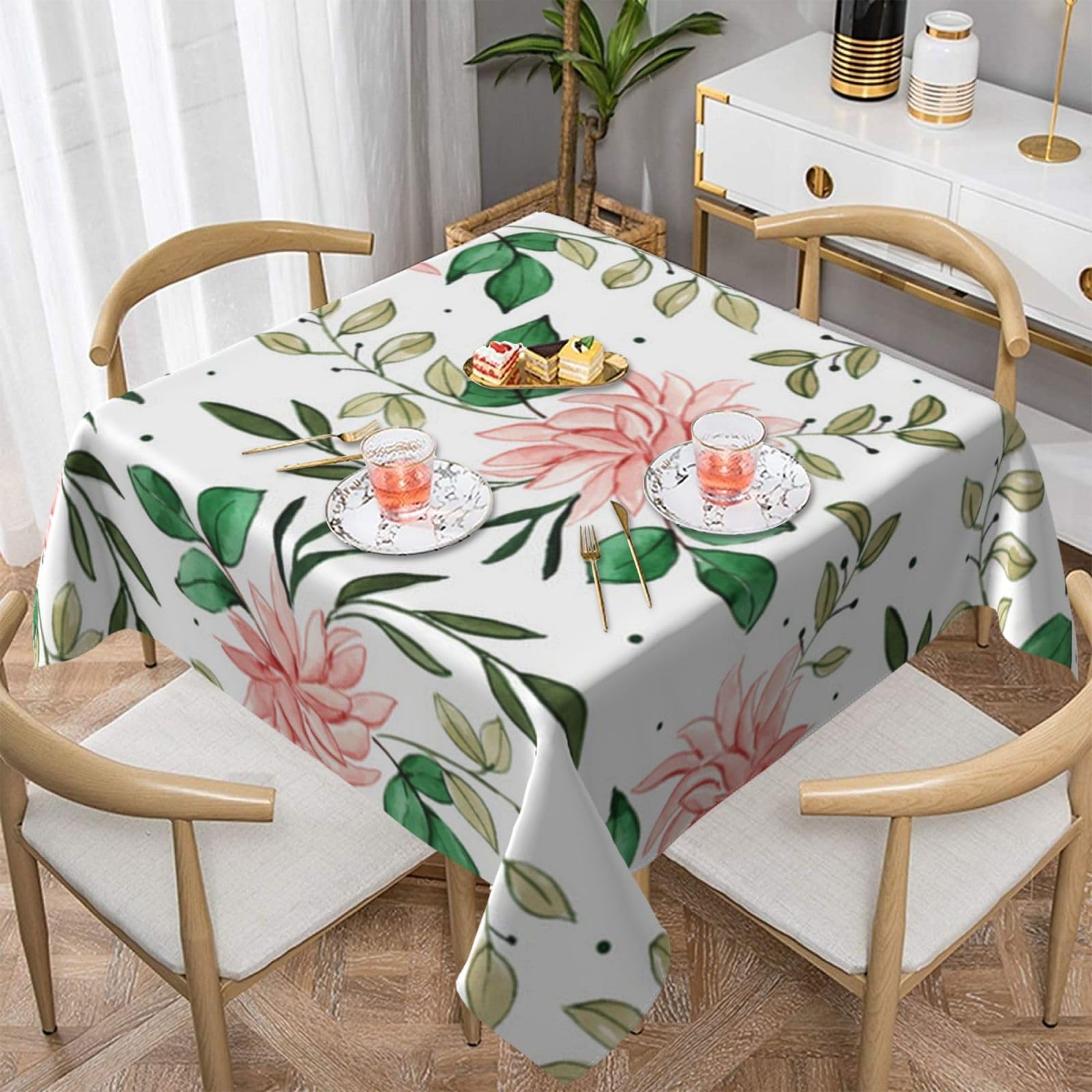 DCEHGEW Watercolor Pink Floral Prints Square Tablecloth 152x152 CM, Waterproof Fabric Table Cloth for Dining Table, Farmhouse Table Cover for Kitchen Dining Tabletop Decoration