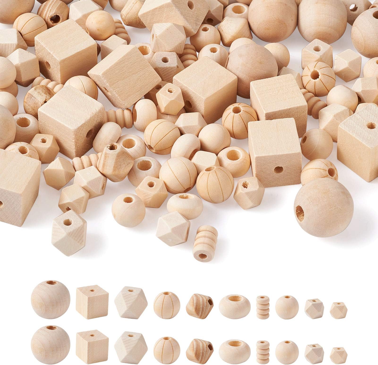 Craftdady150pcs Unfinished Geometric Wooden Loose Beads Natural Unpainted Round Polygon Cube Rondelle Column Wood Spacer Beads for Craft Jewelry Making Home Decor