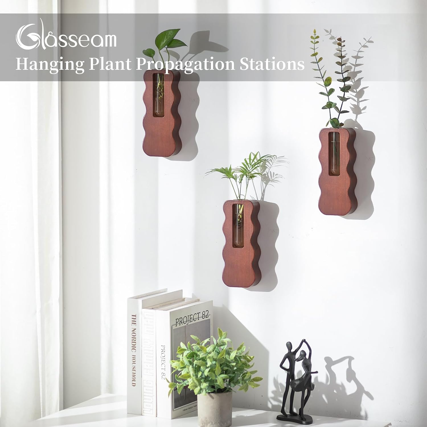 Glasseam Wall Hanging Propagation Station, Set of 3 Wood Glass Tube Planter image 2