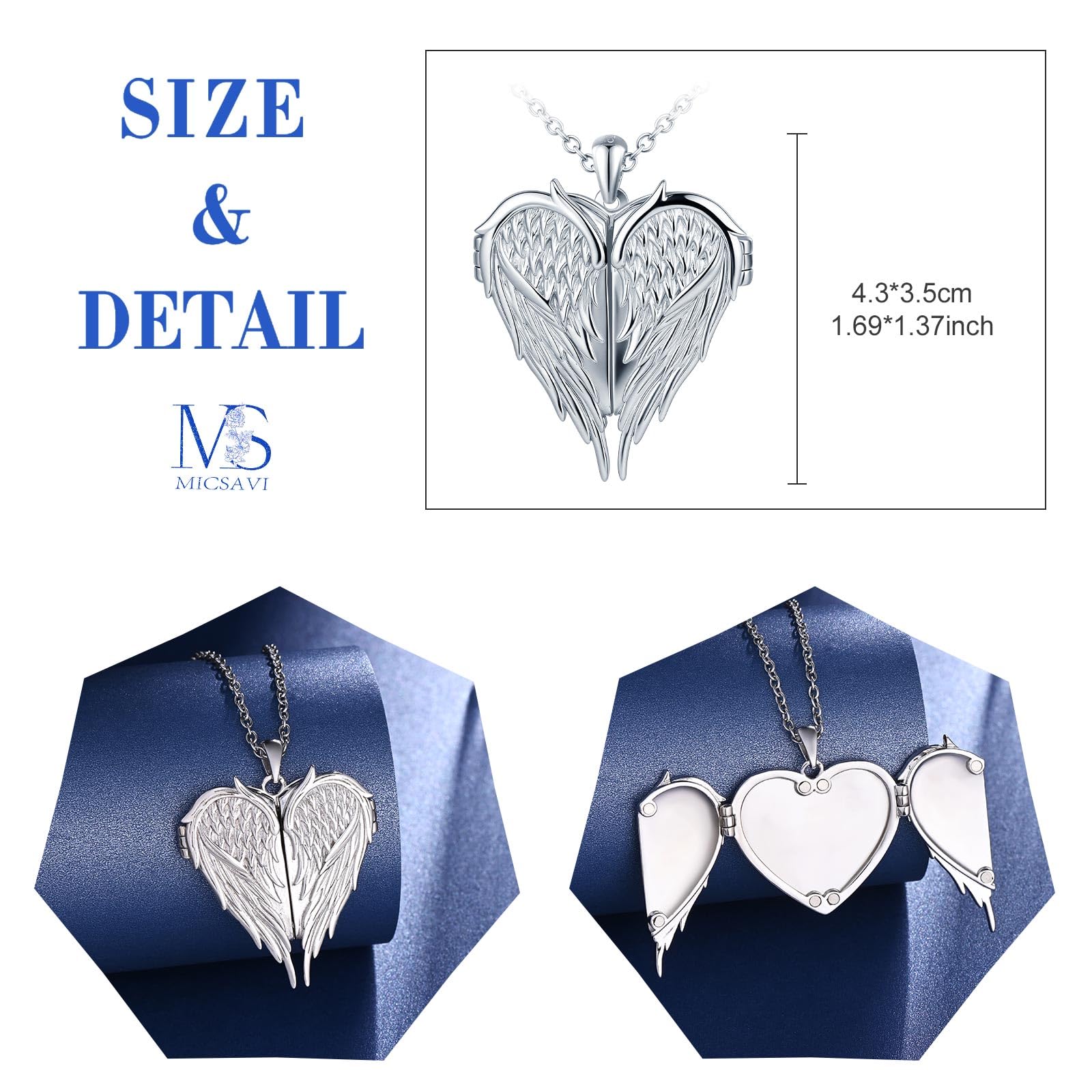 Collana Donna Portafoto Ali in Argento 925, Ciondolo a Cuore e Ali d'Angelo per Foto Immagine, Gioiello Personalizzata per Mamma Fidanzata Moglie