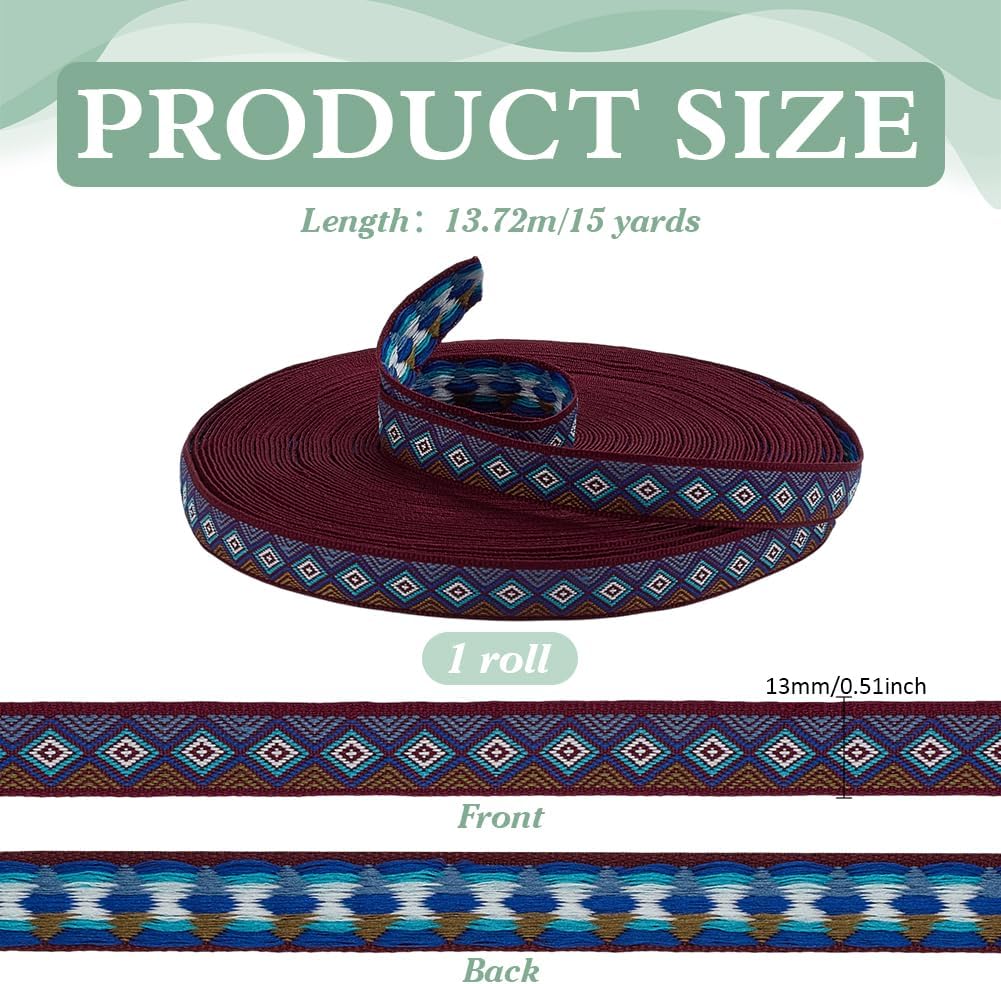 PH PandaHall 15 Yards Rhombus Jacquard Ribbon, 0.5 inch Wide Ethnic Embroidery Ribbon Trim Vintage Sewing Webbing Ribbons Rhombus Woven Ribbons for Sewing Clothing Accessory Decor, Dark Red image 2