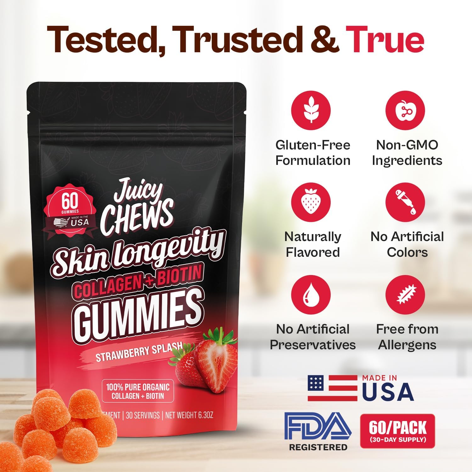 Biotin and Collagen Gummies | Low Sugar Non-GMO Collagen Gummies for Men and Women | All Natural Flavors | 60 Gummies | 30 Servings | Strawberry Flavor