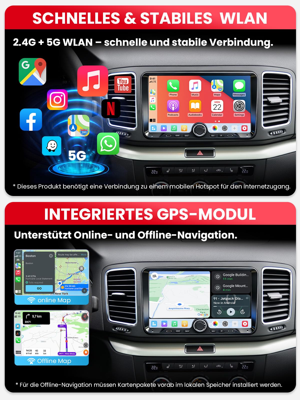 9" Doppel DIN Bluetooth Autoradio mit Bildschirm für VW Golf 5 6 T5 Polo 6R Caddy Passat Touran, Skoda, SEAT, Wireless CarPlay Android Auto Mirrorlink, Auto Radio, 4+64GB, WLAN DAB+ FM/AM GPS