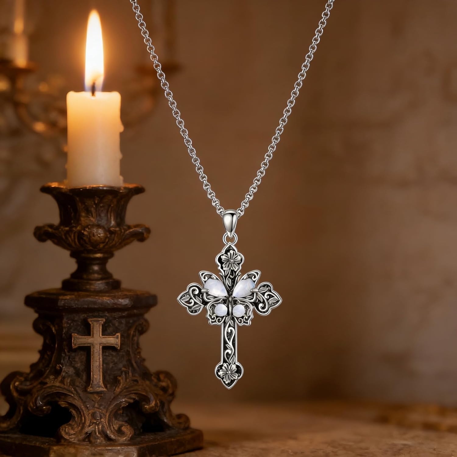 Genuine Moonstone Cross Butterfly Pendant Necklace 925 Sterling Silver vintage Natural Gemstone June Birthstone Religious Jewelry for Women Men Cross lover - Image 8