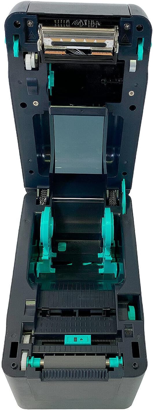 Internal view of Fastmark M1 Series printer with cover open, showing media loading path