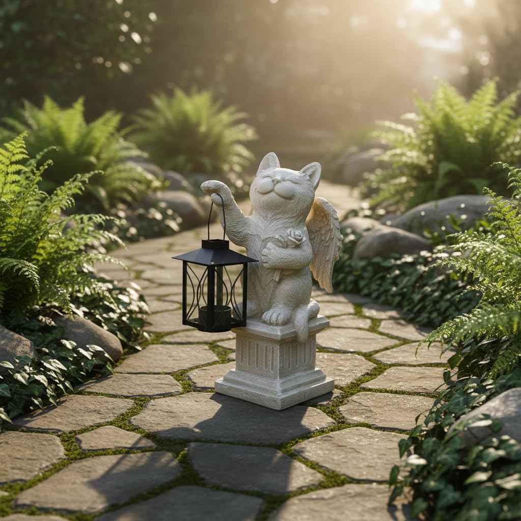 Comfy Hour 12.6" Cat Angel Memorial Statue with Lantern, Rustic Antique Vintage Figurine for Home Decor, Resin Pet Remembrance Sculpture for Outdoor Garden, Light Gray