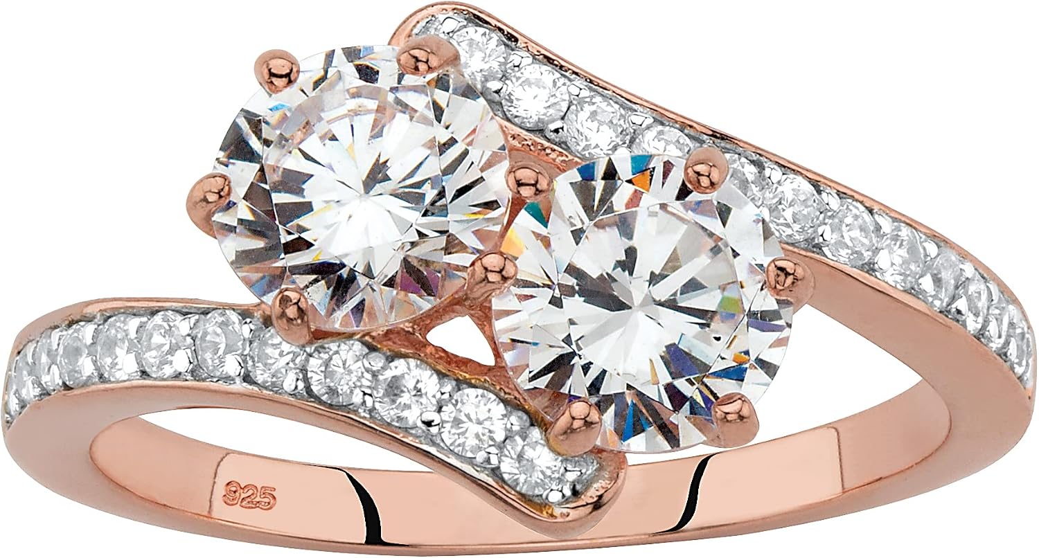 PalmBeach Rose Gold-plated Sterling Silver Round Cubic Zirconia 2 Stone Bypass Ring Sizes 6-10