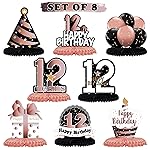 LINGTEER Happy 12th Birthday Rose Gold Table Honeycomb Centerpieces Cheers to 12th Birthday Twelve Years Old Party Table Decorations Gift Sign.