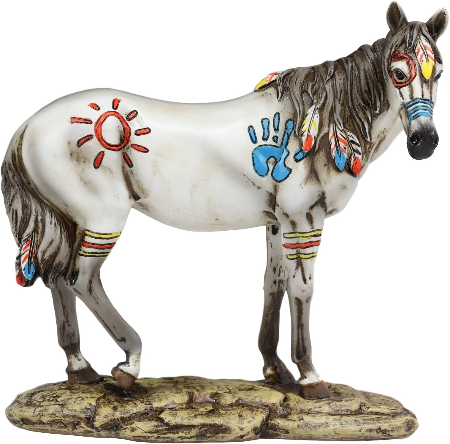 Ebros Gift Equestrian Tribal Beauty Medicine Spirit Horse Hand Crafted Statue 8" High Native American Indian Symbols Sun Palm Feathers Stallion Animal Decor Sculpture Multicolor