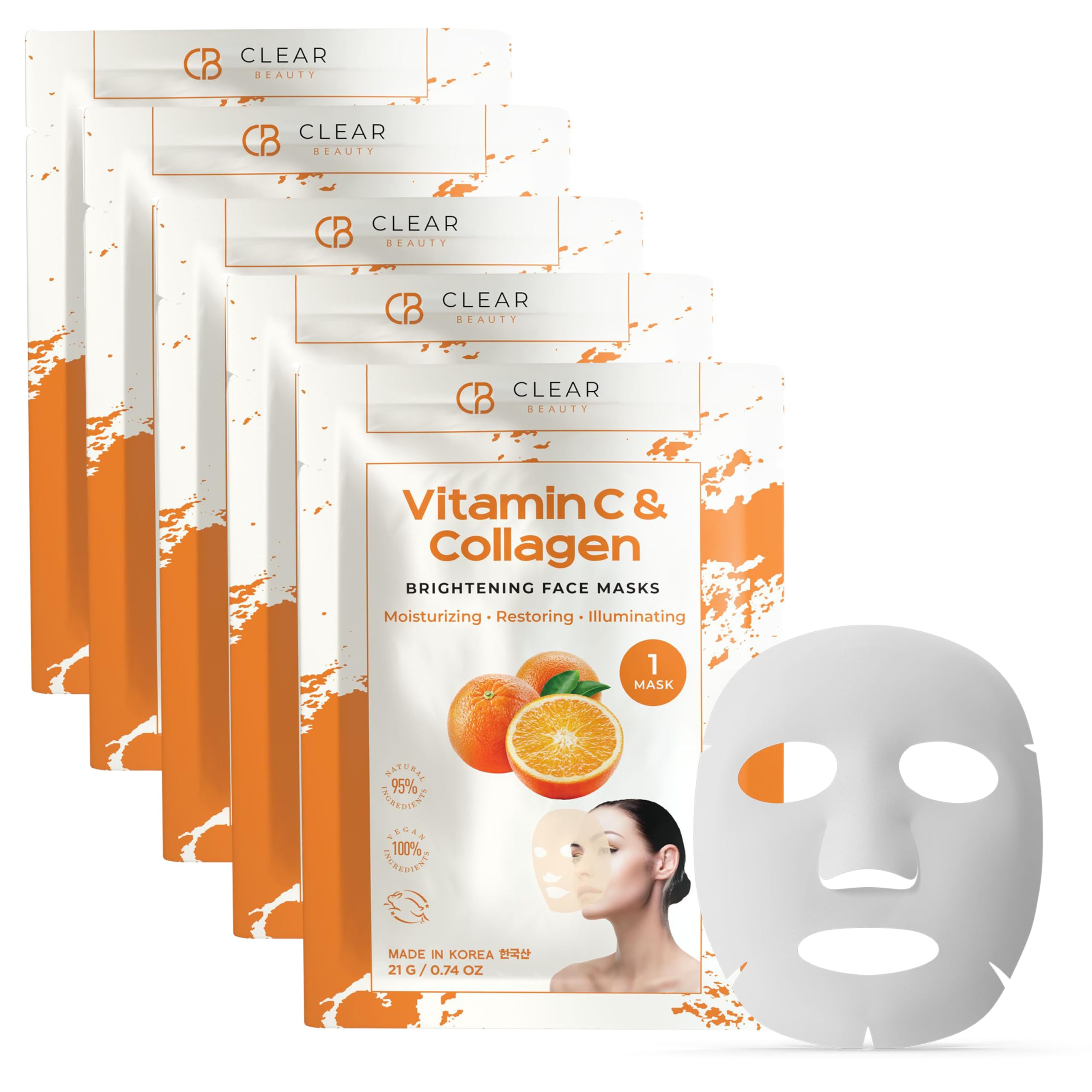 Clear Beauty Vitamin C & Collagen Face Mask - Dermatologist Tested - Diminishes Fine Lines & Wrinkles, Anti-Aging, Natural Ingredients, Cruelty-Free Korean Skin Care - All Skin Types
