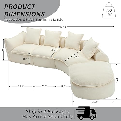 Miniatura 2 de Sofá curvo Boucle de 137.8 pulgadas, moderno sofá modular con asiento profundo de nube con 4 almohadas, cómodos sofás modulares de 5 asientos para