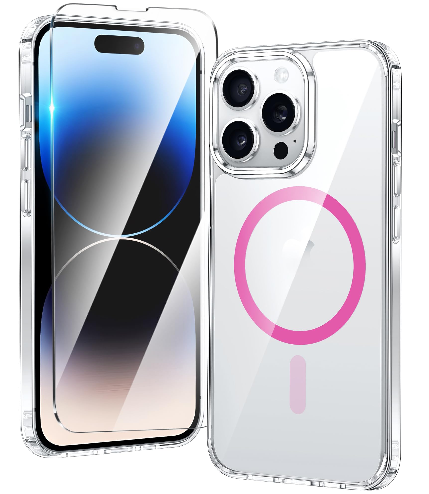 FNTCASE for iPhone 14 Pro-Max Case: Clear Transparent Magnetic Drop Protective Cases | Shockproof Slim Thin Anti-Yellowing Cover & Shatterproof Rugged Hard Crystal TPU Phonecase(F-Hot Pink)