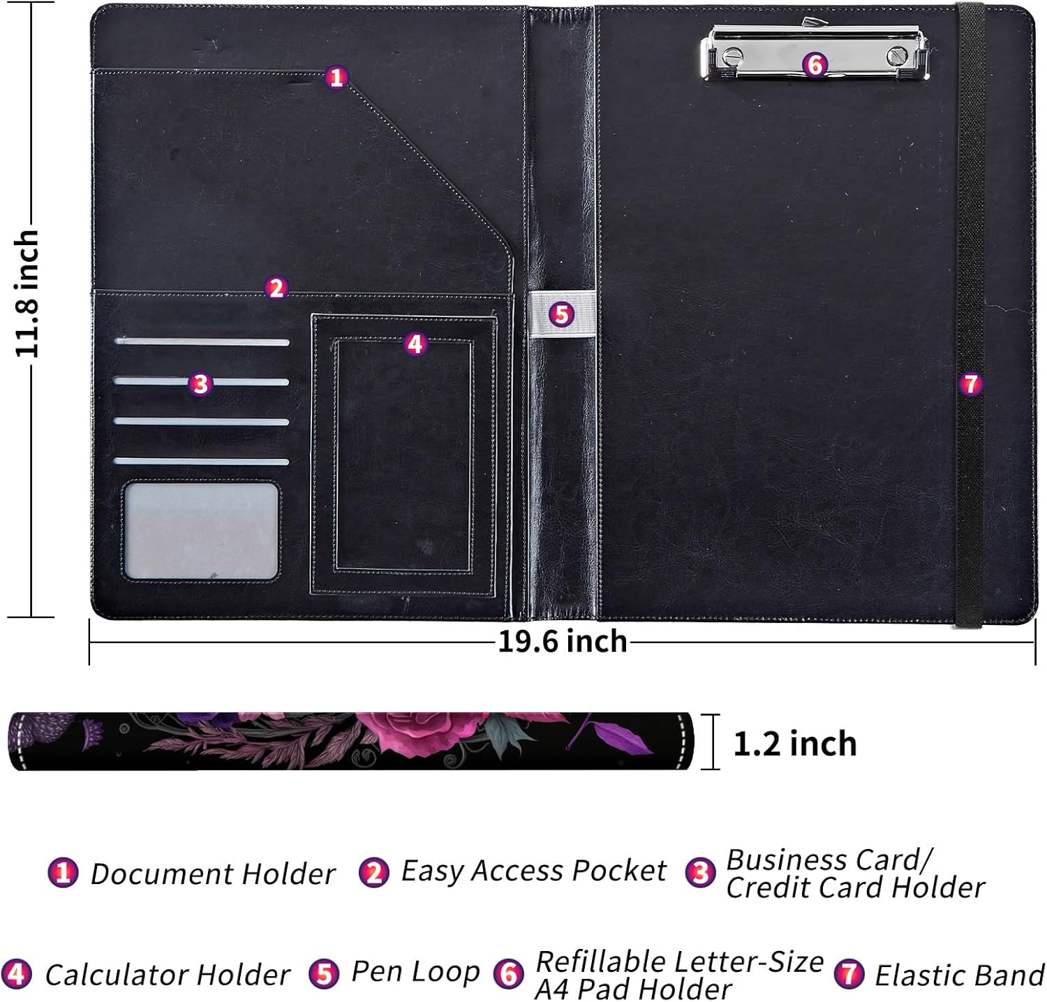 Padfolio/Portfolio Folder Clipboard,Padfolio Clipboard,Writing Portfolio Leather with Cover for Card Holder Slot Letter Size A4 for Office Conference Notepad Clip Boards,Purple Skull
