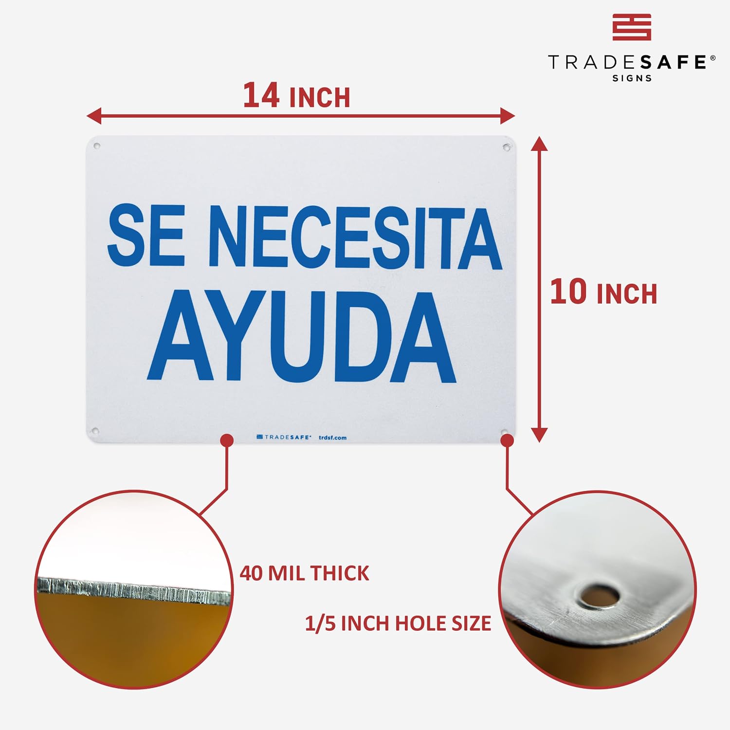 TRADESAFE Help Wanted Sign - Now Hiring Signs, Se Necesita Ayuda Spanish Sign, Quick Install Aluminum Safety Sign, Light Reflective, UV-Resistant, Waterproof, 14” X 10” Spanish Help Wanted Signs