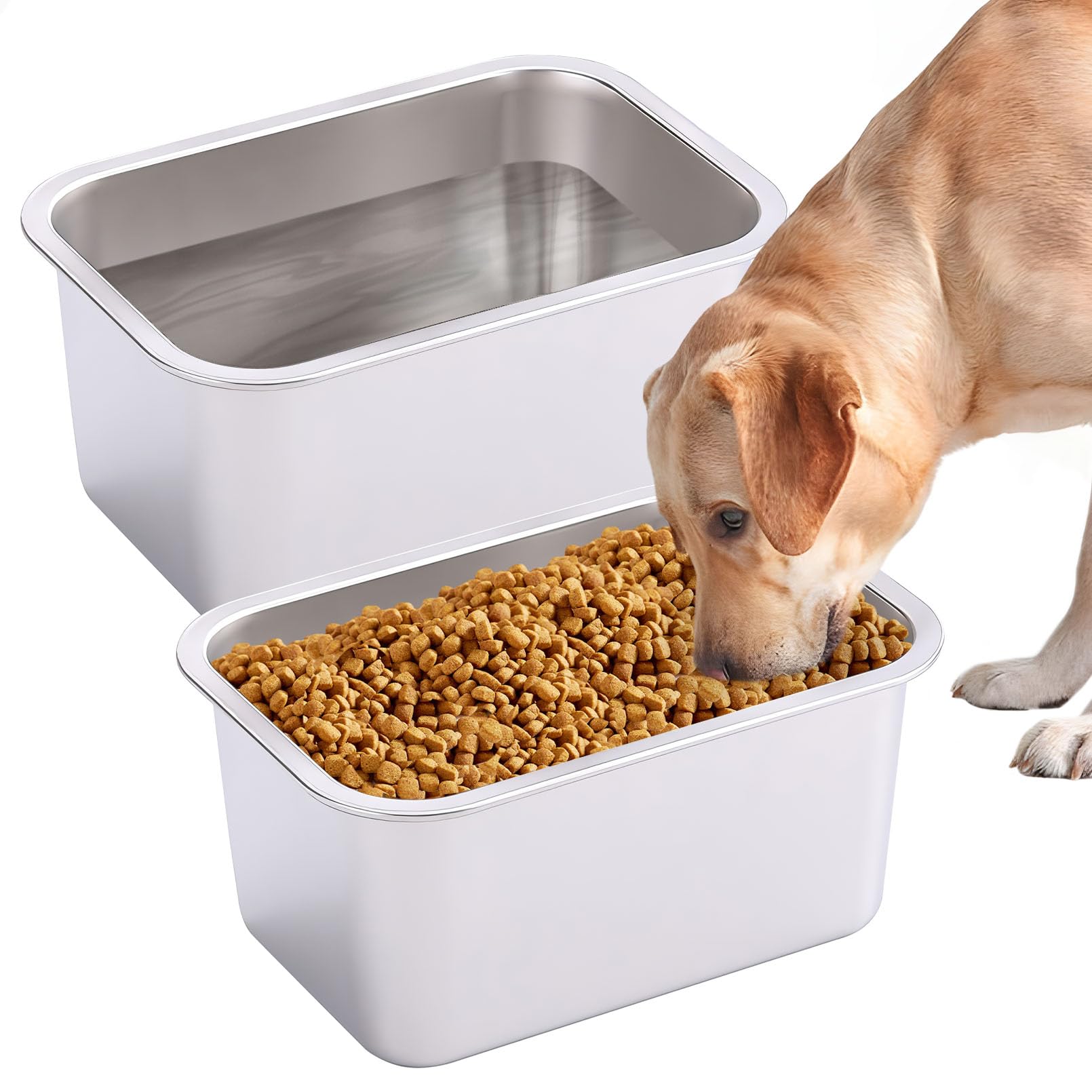 Fhiny 2 PCS Stainless Steel Dog Bowl, 2 Gallon Capacity Durable Metal Water Dish for Large Dogs, Indoor/Outdoor, Dishwasher Safe