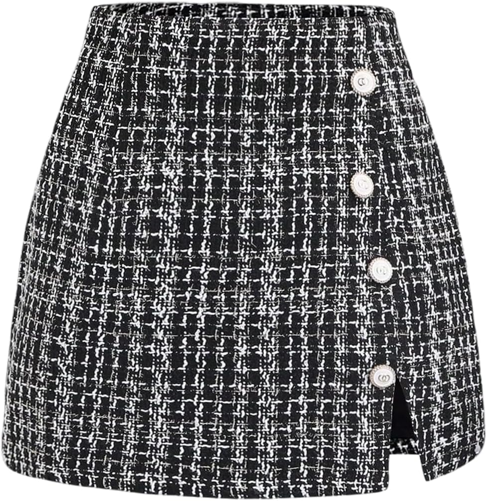 SweatyRocks Women's High Waist Split Button Elegant Tweed Short Skirt Plaid Skorts