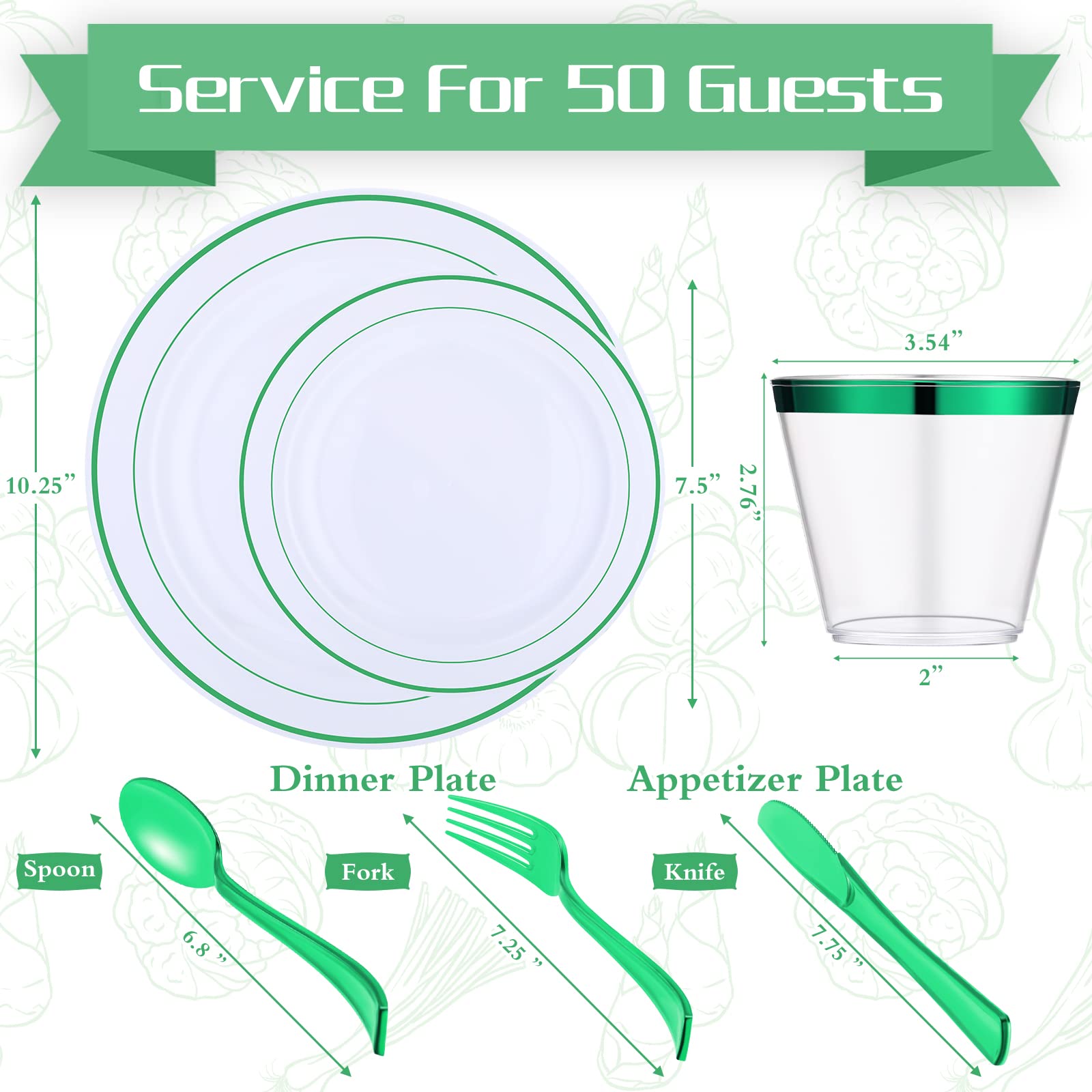 Bokon 600 Piece Party Dinnerware Set 100 Rimmed Plastic Dinner Plates, 100 Plastic Salad Plates 100 Knives 100 Spoons 100 Forks 100 Plastic Cups Christmas Dinnerware Set for Wedding Christmas(Green)