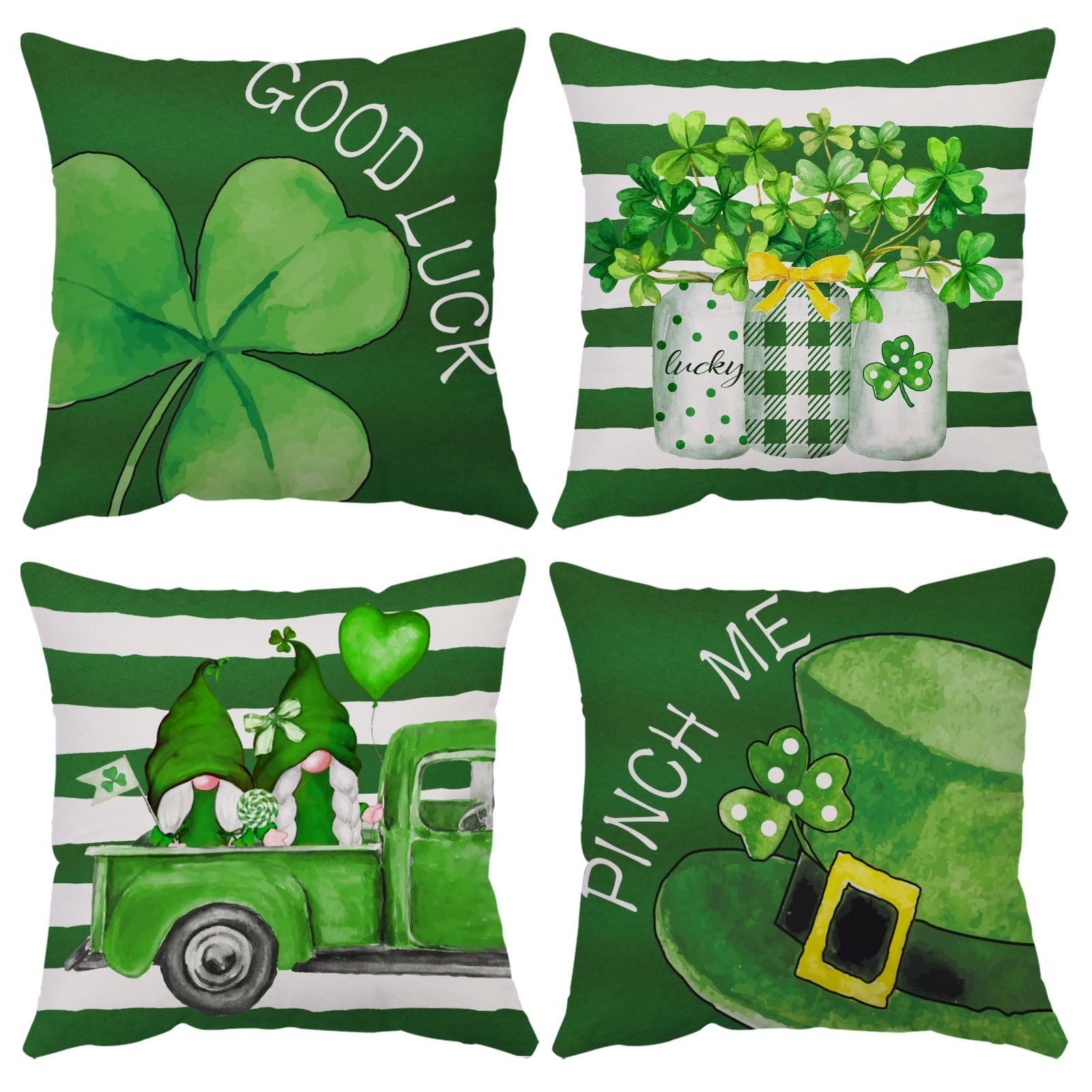YeeJu St Patricks Day Pillow Covers 20x20 Set of 4 Green Stripes Lucky Shamrock Throw Pillow Covers Velvet Saint Patricks Day Cushion Covers Pillow