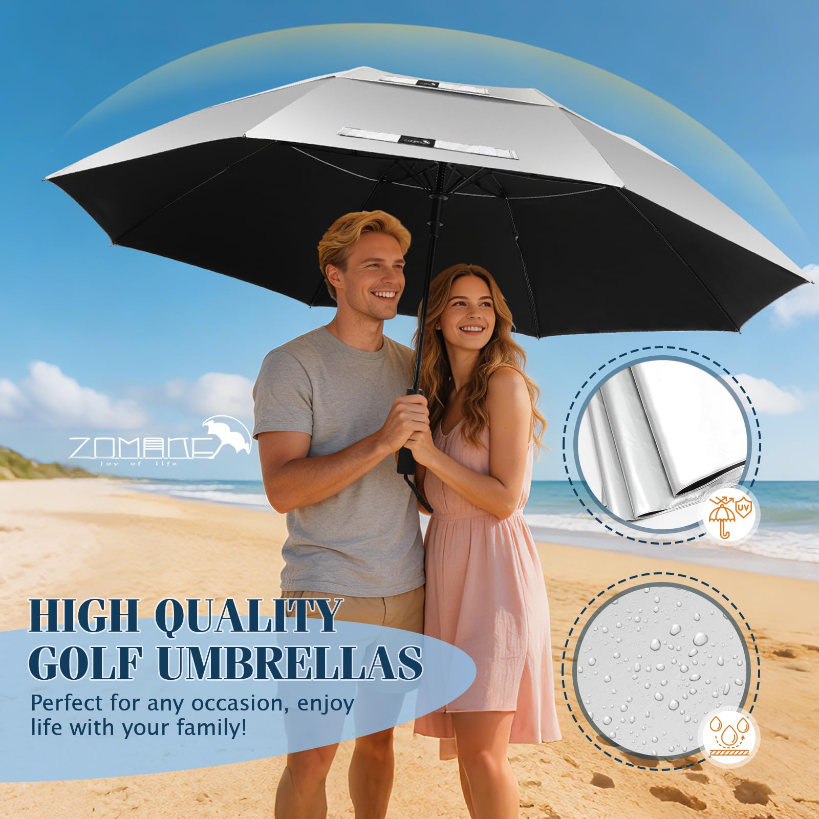 ZOMAKE Großer Sturmfester Faltbarer Regenschirm XL Golfschirm mit UV Schutz UPF 50+ für 2 Personen Silber/Weiß