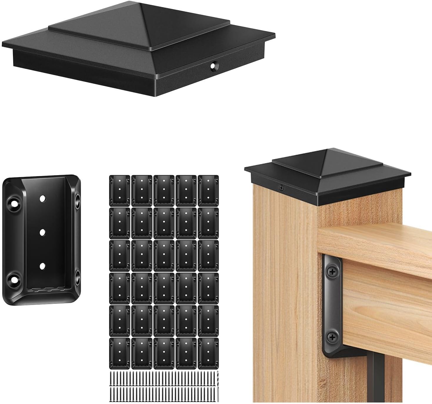 30 Pack Deck Railing Bracket for 2"x4" Wood Railings & 12 Pack 4x4 Aluminum Pyramid Post Caps for 3.5"x3.5" Wood Post – Durable, Powder-Coated, Includes Screws for Deck, Fence