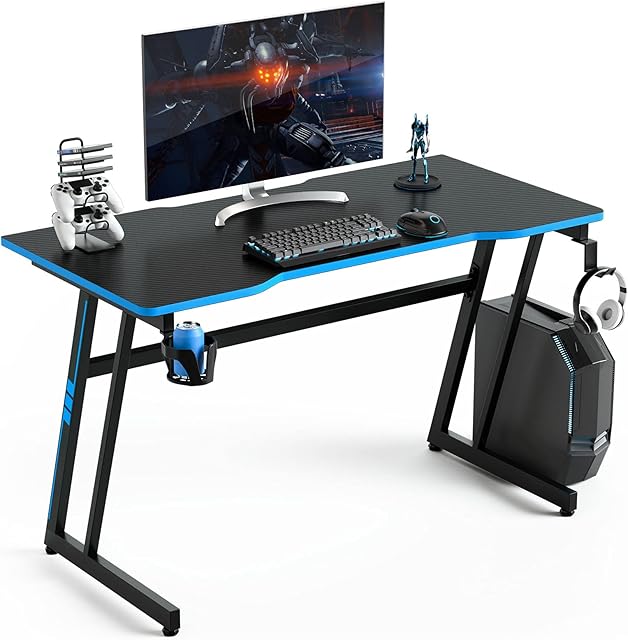 COSTWAY Computer Desk, 120cm Study Table Writing Workstation with Headphone Hook, Cup Holder and Game Handle Rack, Z-Shaped PC Laptop Table Working Gaming Desk for Home Office Bedroom (Blue+Black)