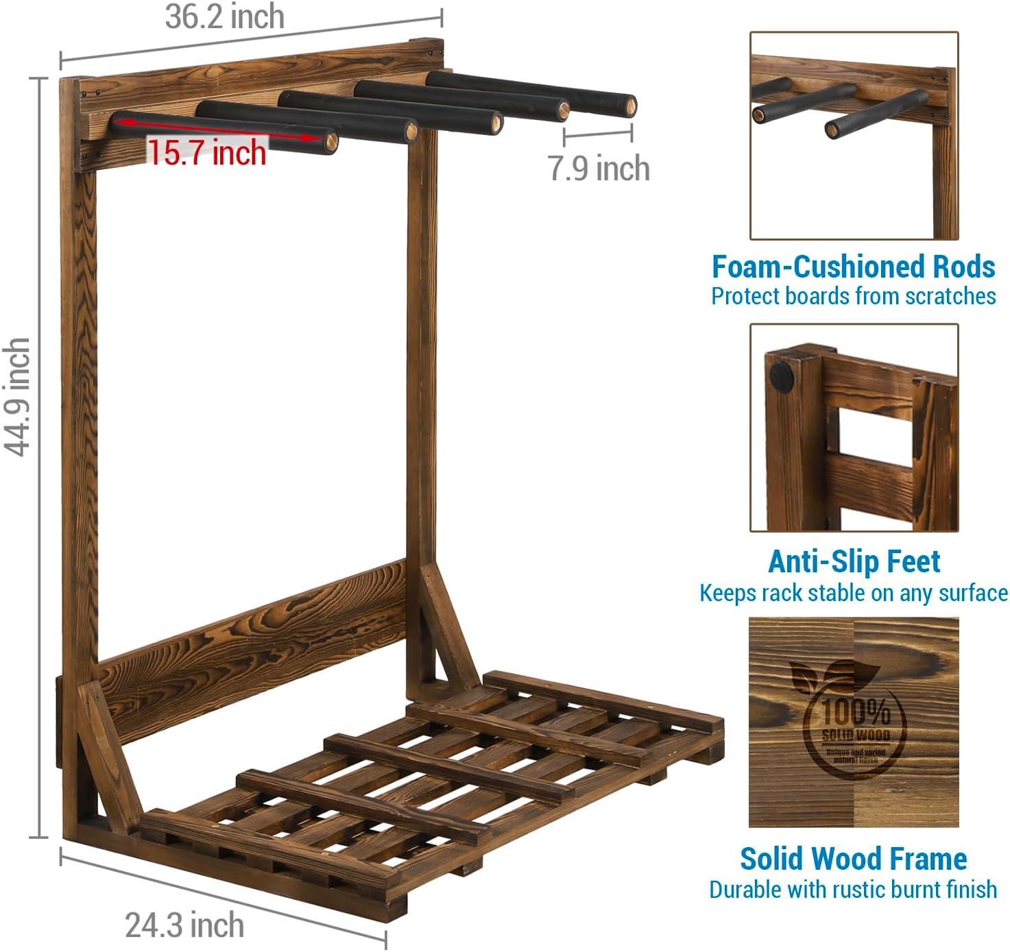 MyGift 4-Ft Tall Rustic Burnt Wood Freestanding Vertical Surfboard Rack, Wakeboard SUP Paddleboard Storage Rack - Holds up to 4 Boards - Image 5