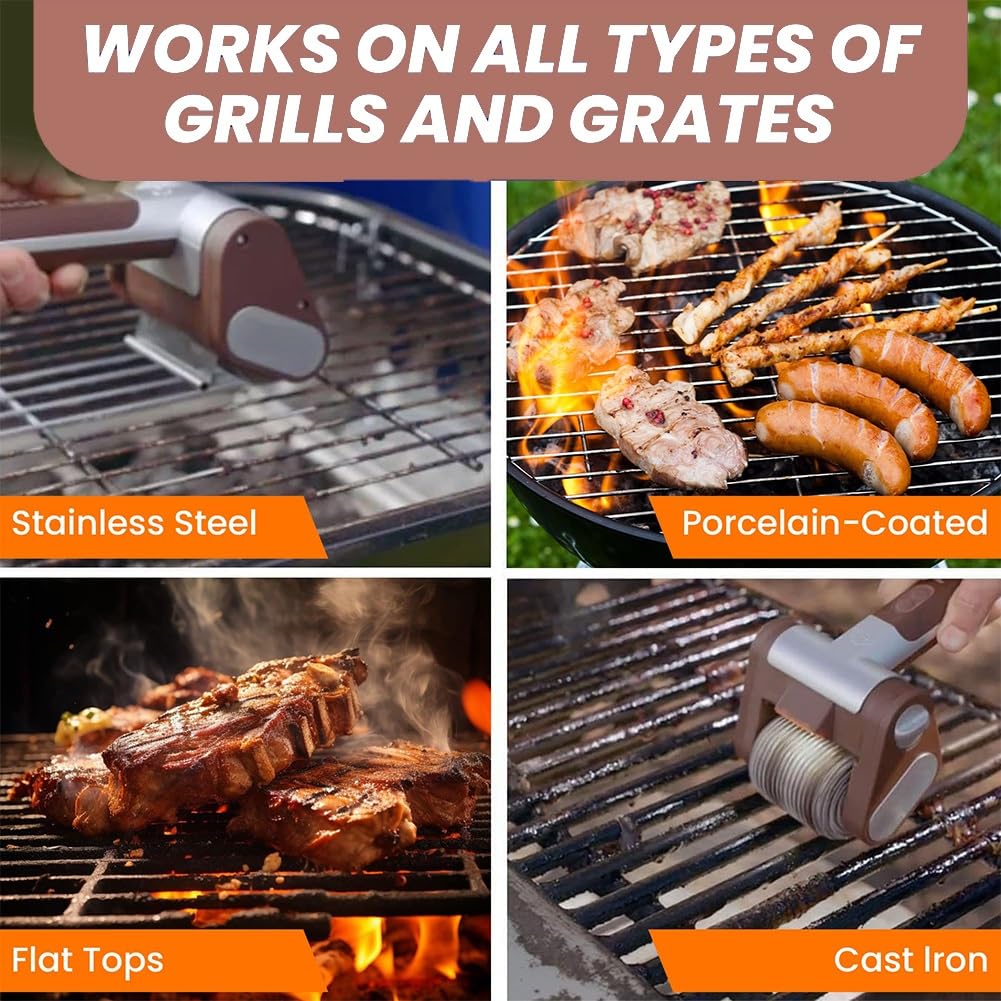 Limpiador eléctrico inalámbrico para parrilla de barbacoa, cepillo recargable de acero inoxidable 304 con luz LED de 350 rpm, apto para lavavajillas, ideal para cocinar al aire libre y acampar