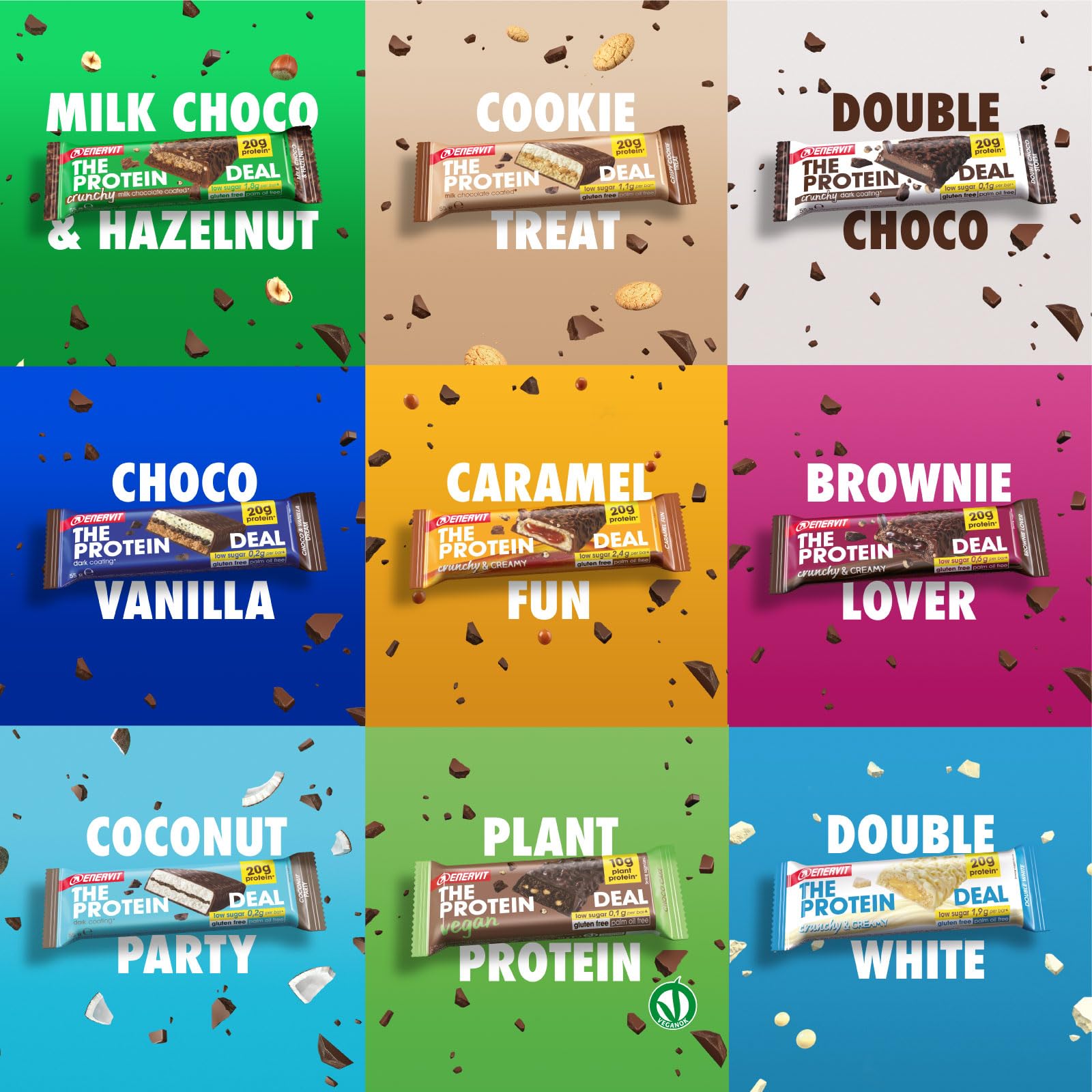 Enervit, The Protein Deal Coconut Party, Barrette Proteiche, Gusto Cocco e Cioccolato Fondente, 20g di Proteine, 0,2g di Zuccheri, Snack Goloso, Senza Glutine, 12 Barrette da 55g