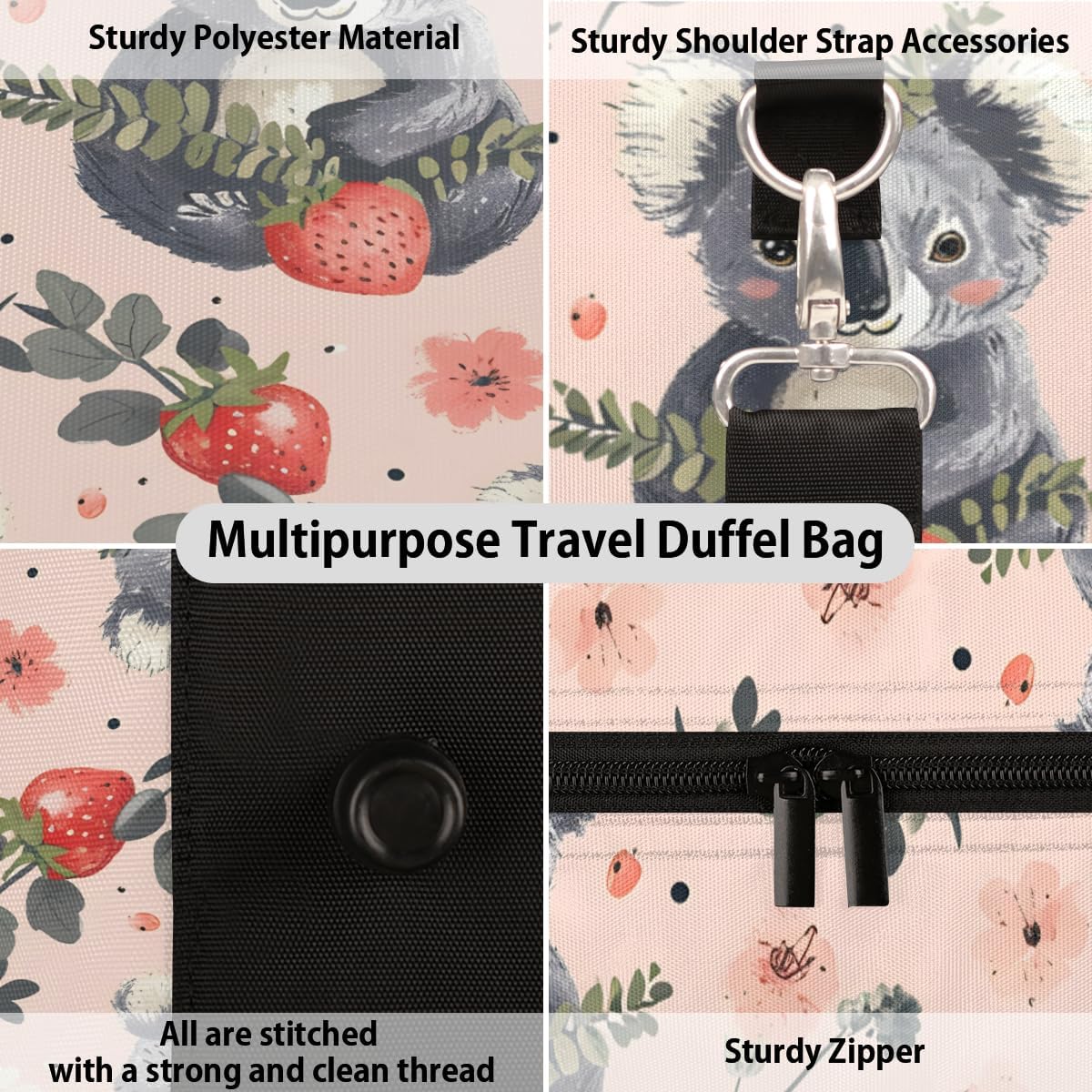Cute Koala Strawberry Watercolour Travel Duffel Bag for Women Men Large Capacity Overnight Weekender Bags for Lightweight Waterproof Sport Gym Bag for Workout Yoga Swim