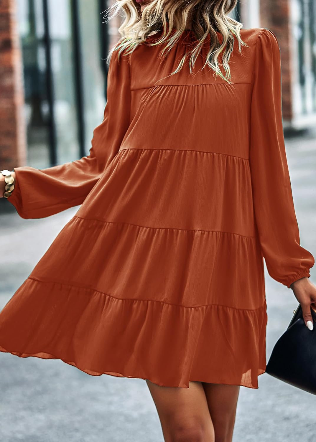 KIRUNDO Long Sleeve Baby Doll Dresses Women 2026 Casual Spring Summer Ruffle Mock Neck Tiered Mini Flowy Swing Shift Dress - Image 6