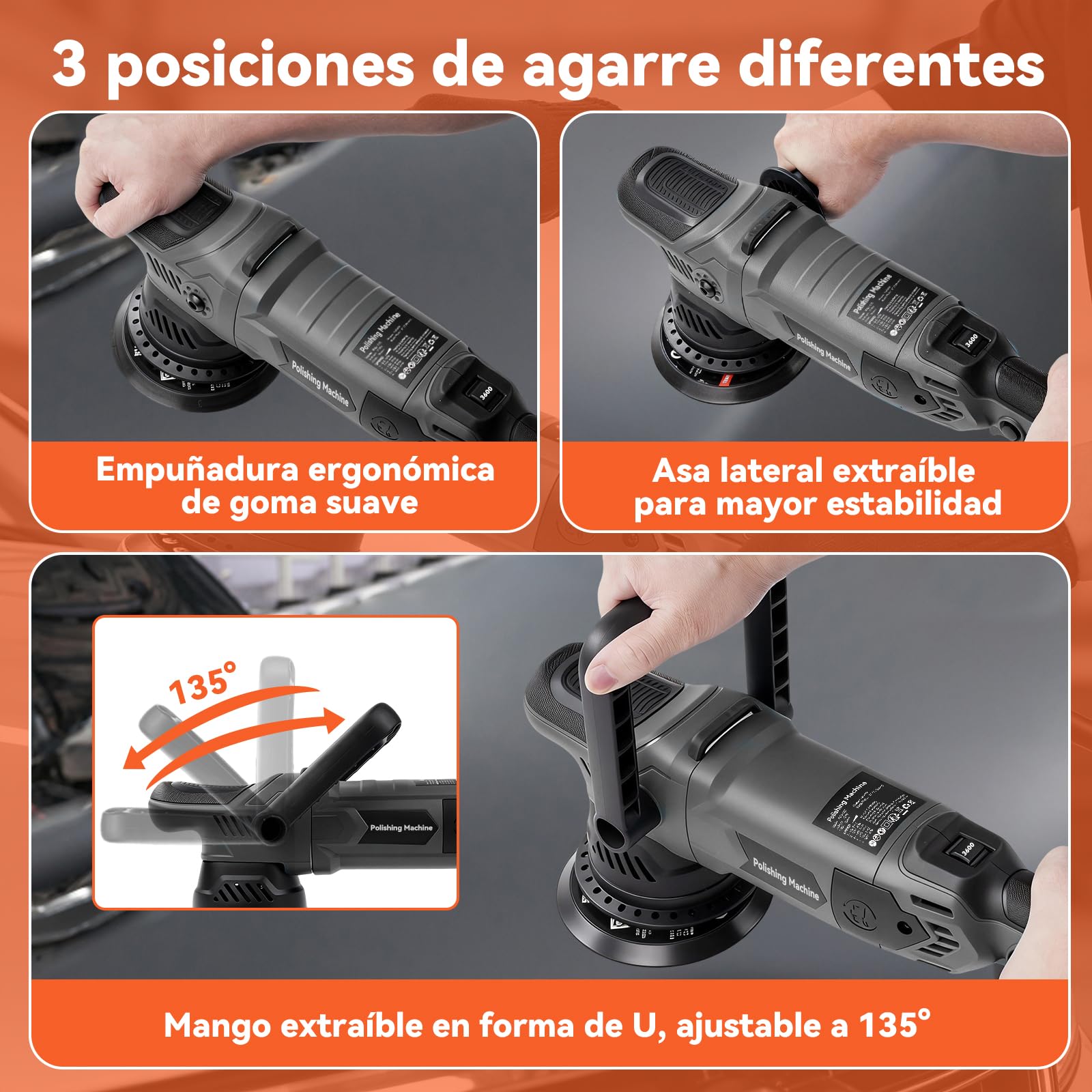 Pulidora Orbital Coche 1600W, 6 Velocidades Variables 600-3600RPM, 4M Cable, con 6 Almohadillas de Pulido, D-Mango Desmontable/Mango Lateral, Maquina de Pulir, para Detallar, Pulir y Encerar