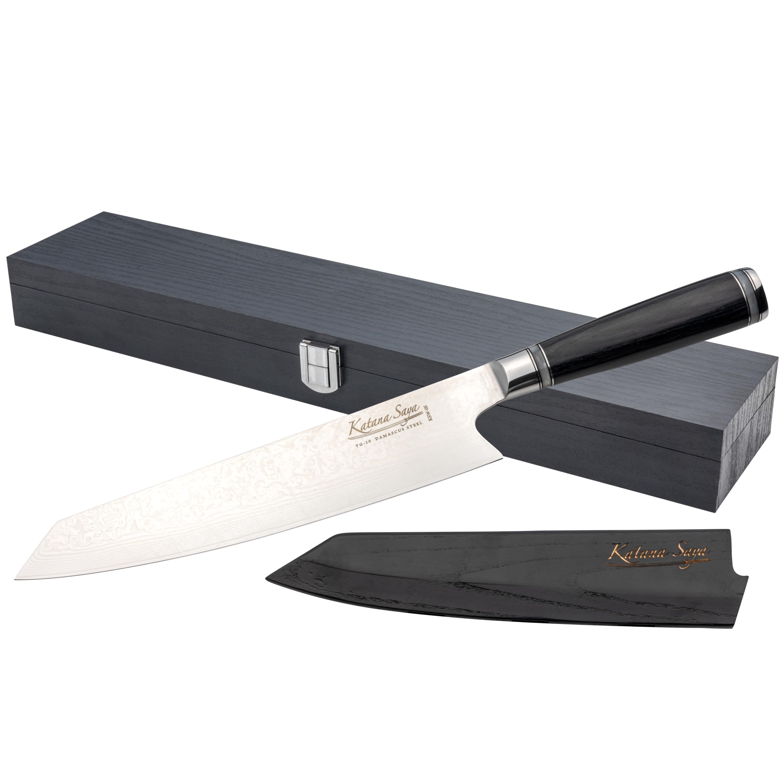 Nóż Kiritsuke Katana Saya 24 cm, 67-warstwowa stal nierdzewna VG-10 Damascus, rękojeść z drewna Pakkawood