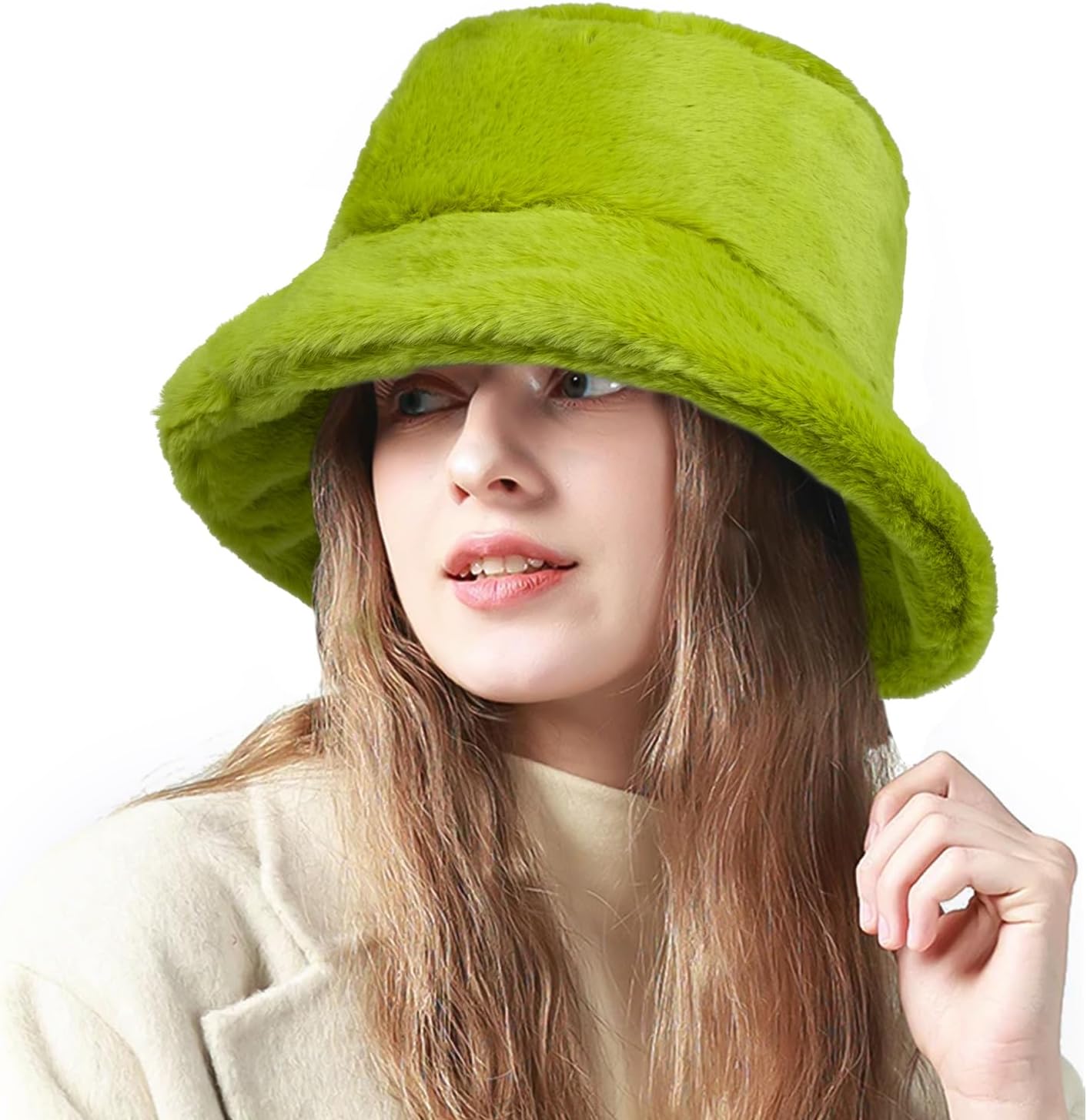 Fluffy Faux Fur Bucket Hat Winter Warm Hat for Women Men