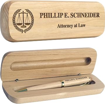 PlaqueMaker Personalized Wood Scales of Justice Pen Set - Customized with Recipients Name and Title, A great Gift for Anyone in the Justice Department - Attorney at Law, Judge, Law Clerk, and More