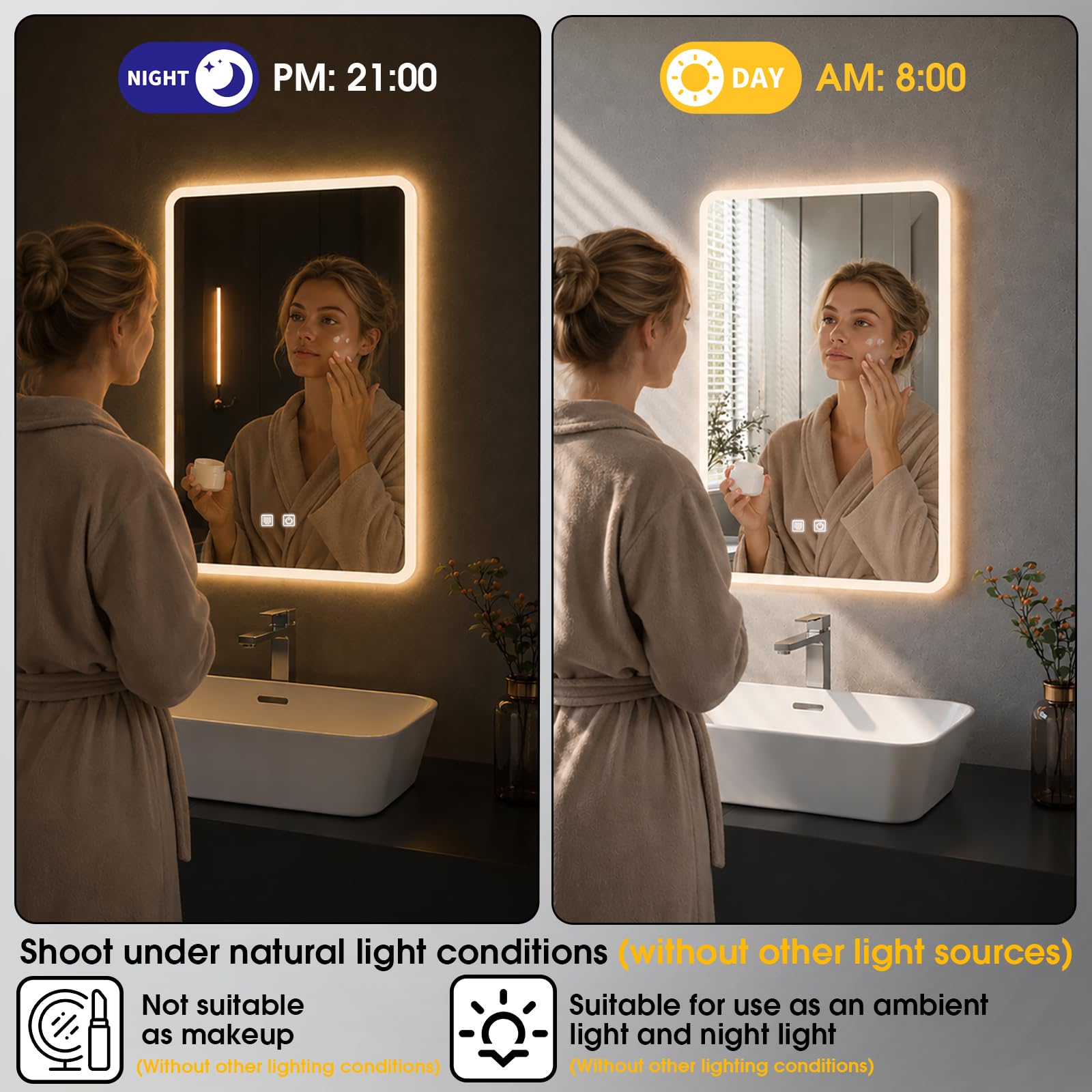 Espejo de baño con luces LED, espejo iluminado de 60x45cm para baño con función antivaho, luces regulables de 3 colores, retroiluminación, montado en la pared, resistente al agua, control