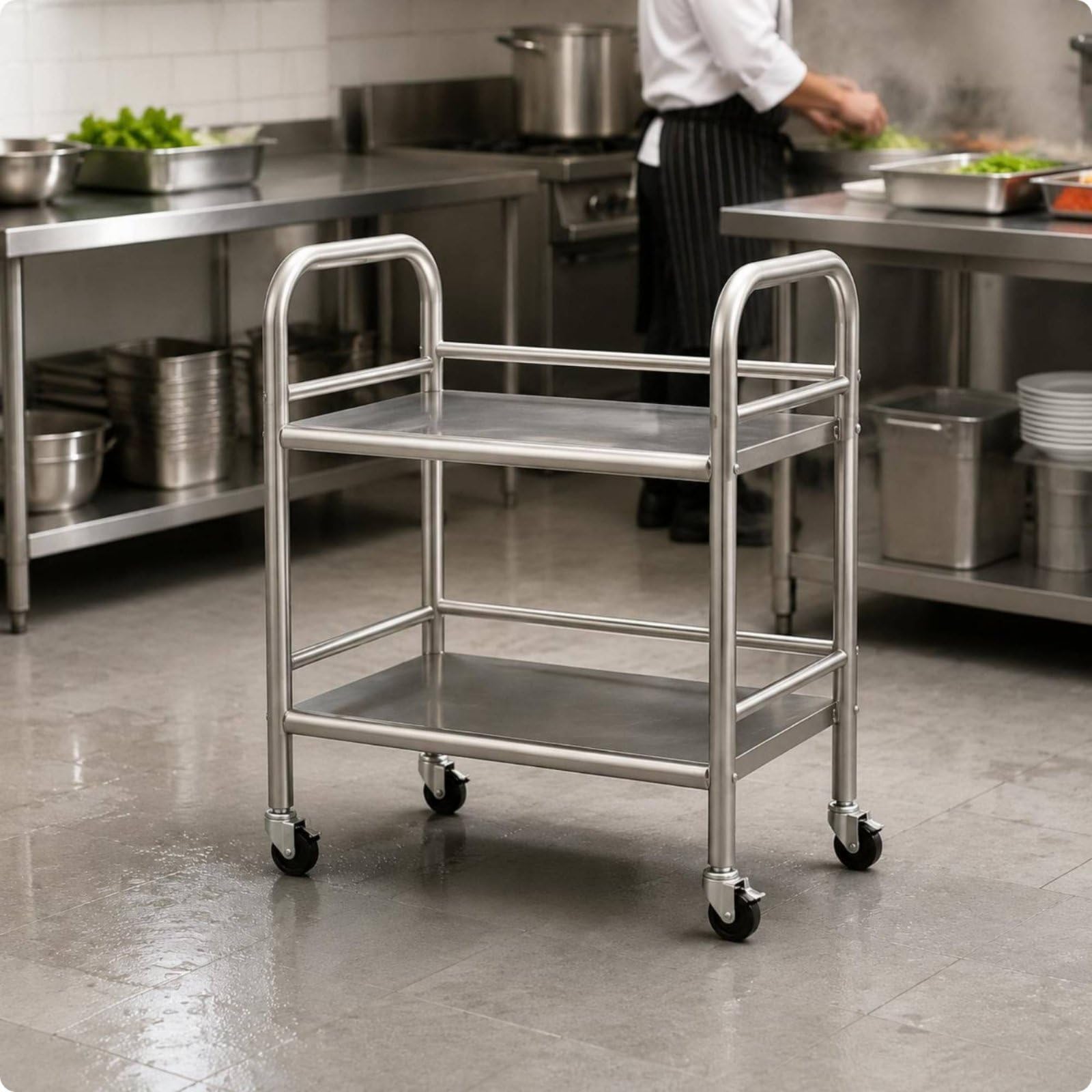 Carrello da Cucina in Acciaio Inox Multiuso Carrello Cucina in Acciaio Inox Alta Portata Organizzazione Casa, Carrello A Due Ripiani Con Quattro Sponde In Acciaio Inossidabile 50x40x71 Cm