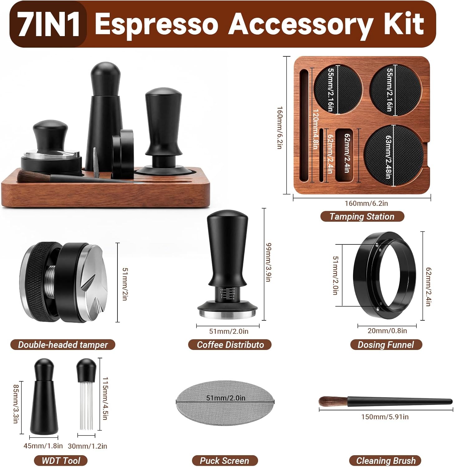 7 PCS Espresso Accessories Tools Kit, Espresso Tamper with Wood Espresso Tamping Station,WDT Tool Espresso Machine Accessories,Distributor,Stirrer, Dosing Funnel,Brush,Puck Screen (51mm)